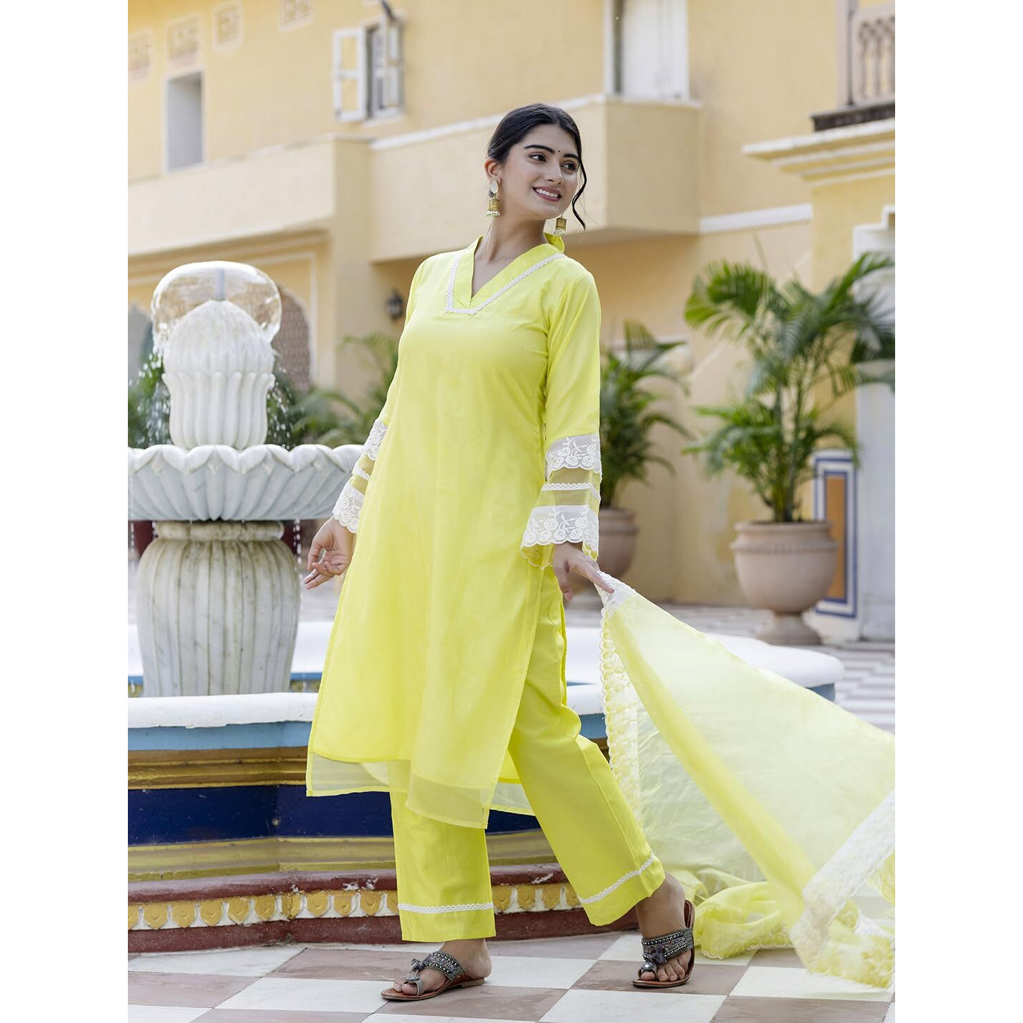 Navlik Women's Lemon Yellow Organza Embroidered Straight Kurta with Organza Pant And Organza Laced Dupatta Sets (NK-566)