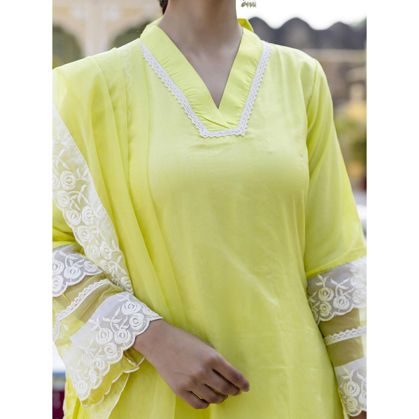 Navlik Women's Lemon Yellow Organza Embroidered Straight Kurta with Organza Pant And Organza Laced Dupatta Sets (NK-566)