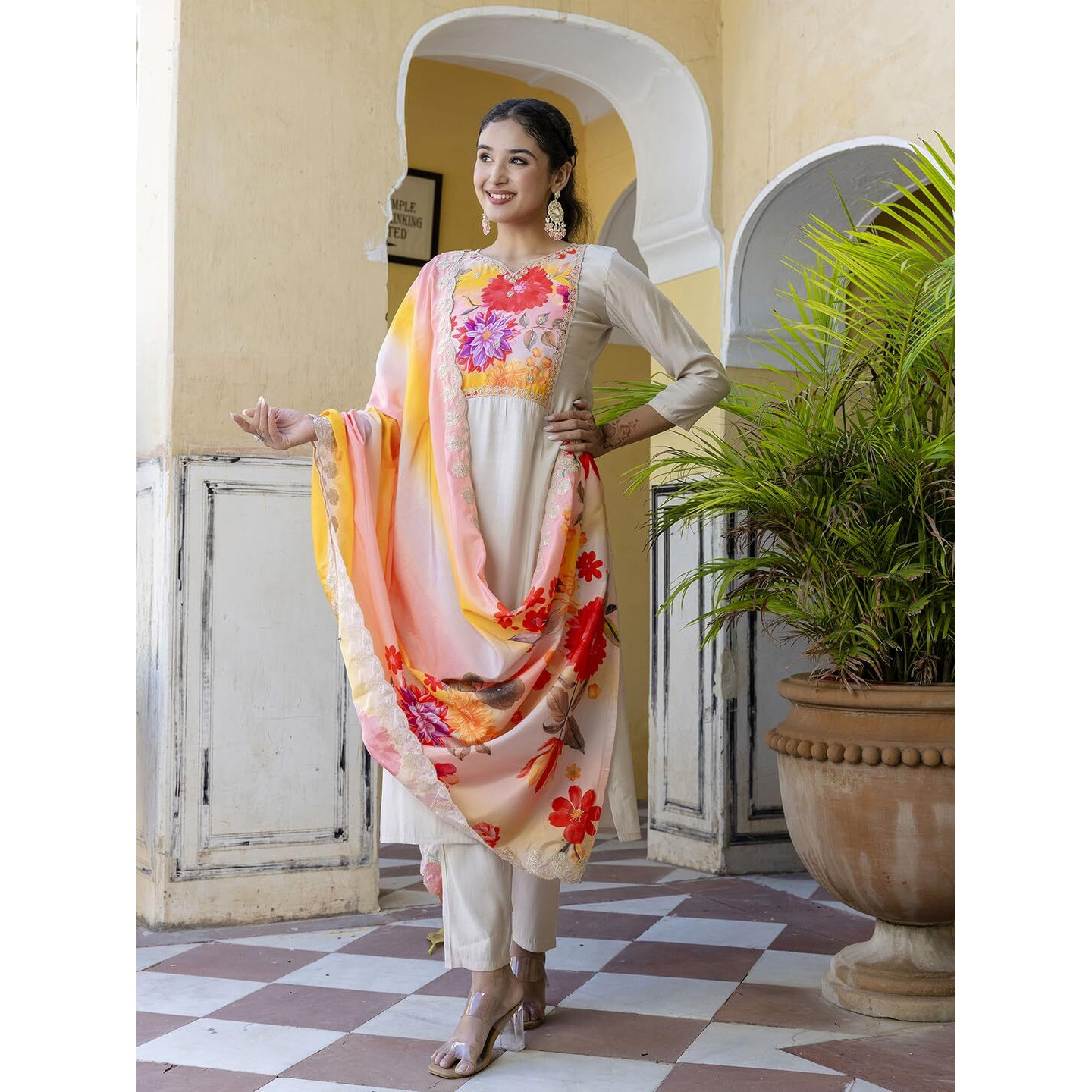 Navlik Women's Orange Chanderi with Cotton Lining Embroidered Straight Kurta with Chanderi Silk Pant and Crep Silk Printed Dupatta Sets (NK-568)