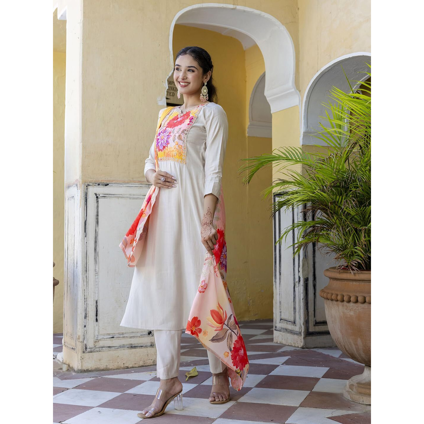 Navlik Women's Orange Chanderi with Cotton Lining Embroidered Straight Kurta with Chanderi Silk Pant and Crep Silk Printed Dupatta Sets (NK-568)