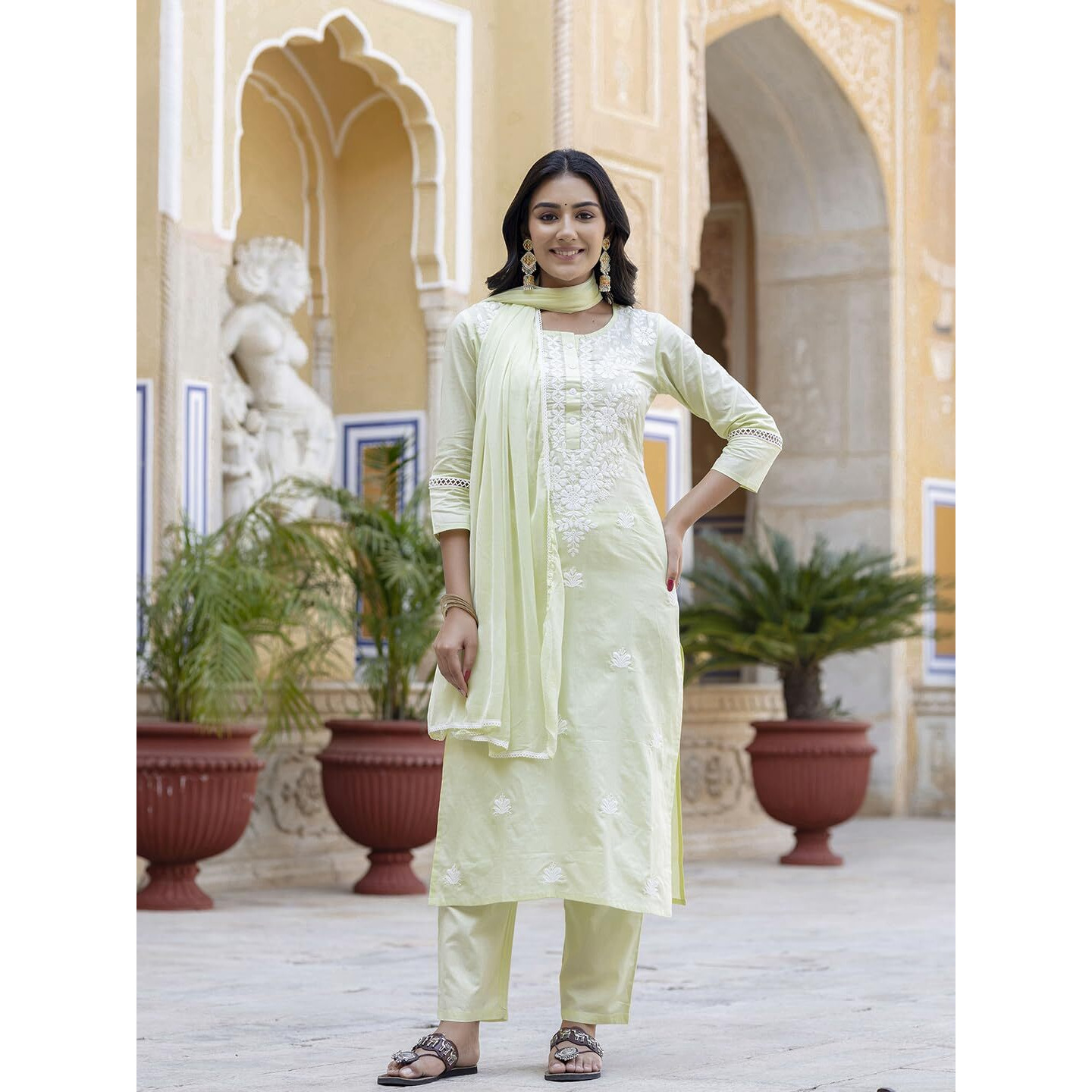 Navlik Women's Cotton Embroidered Straight Kurta with Pant And Dupatta Sets (NK-572)