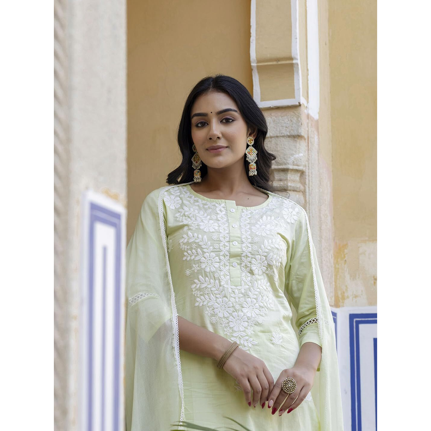 Navlik Women's Cotton Embroidered Straight Kurta with Pant And Dupatta Sets (NK-572)