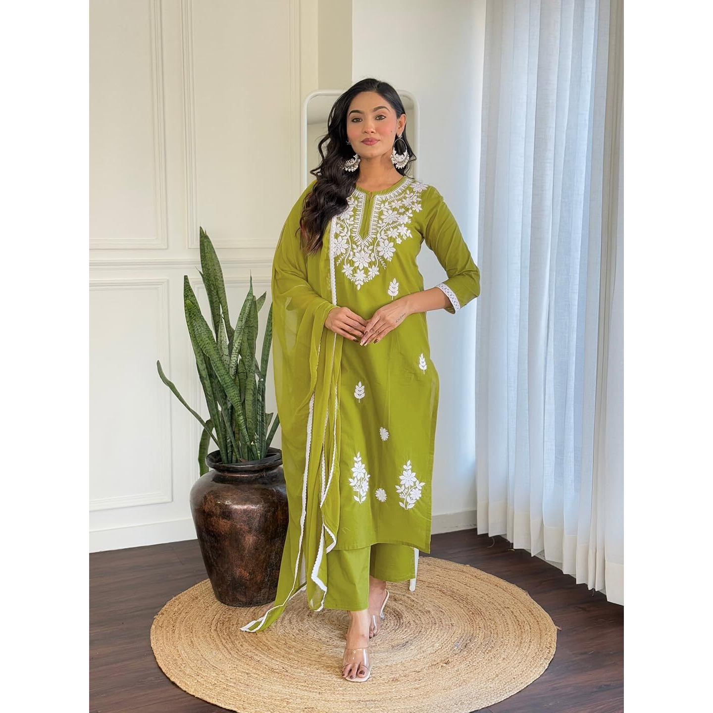 Navlik Women's Pure Cotton Embroidered Straight Kurta with Pant And Dupatta Sets (NK-574)