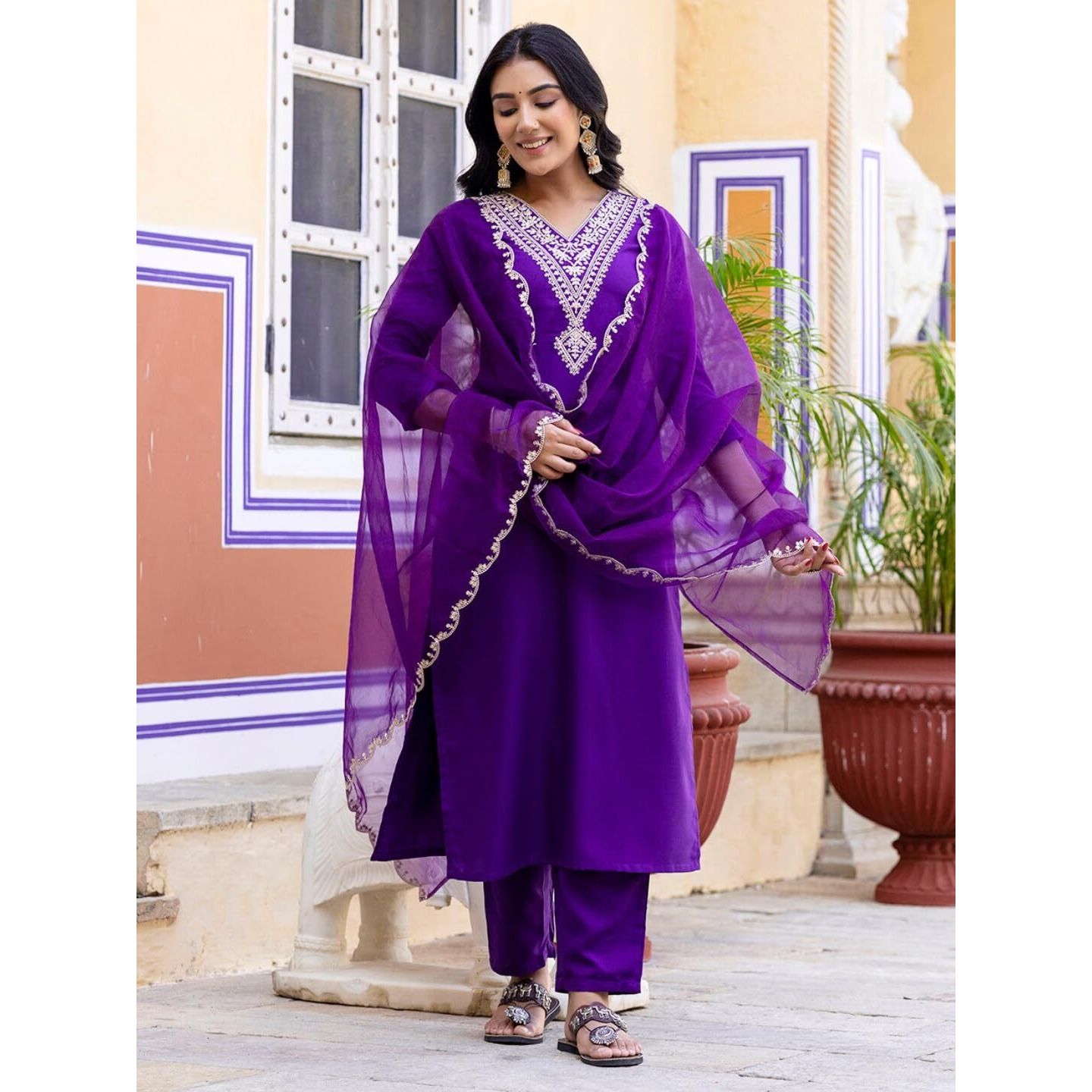 Navlik Women's Violate Rayon Slub Embroidered Straight Kurta with Rayon Slub Pant and Organza Laced Dupatta Sets (NK-575)