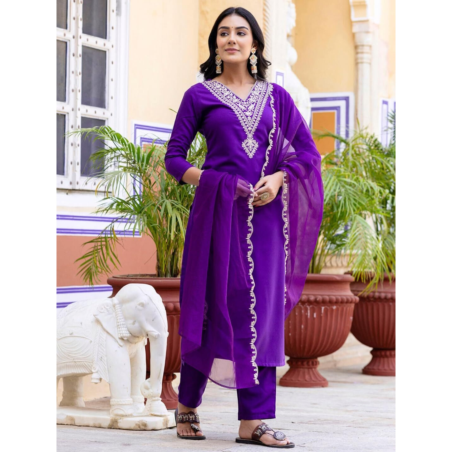 Navlik Women's Violate Rayon Slub Embroidered Straight Kurta with Rayon Slub Pant and Organza Laced Dupatta Sets (NK-575)
