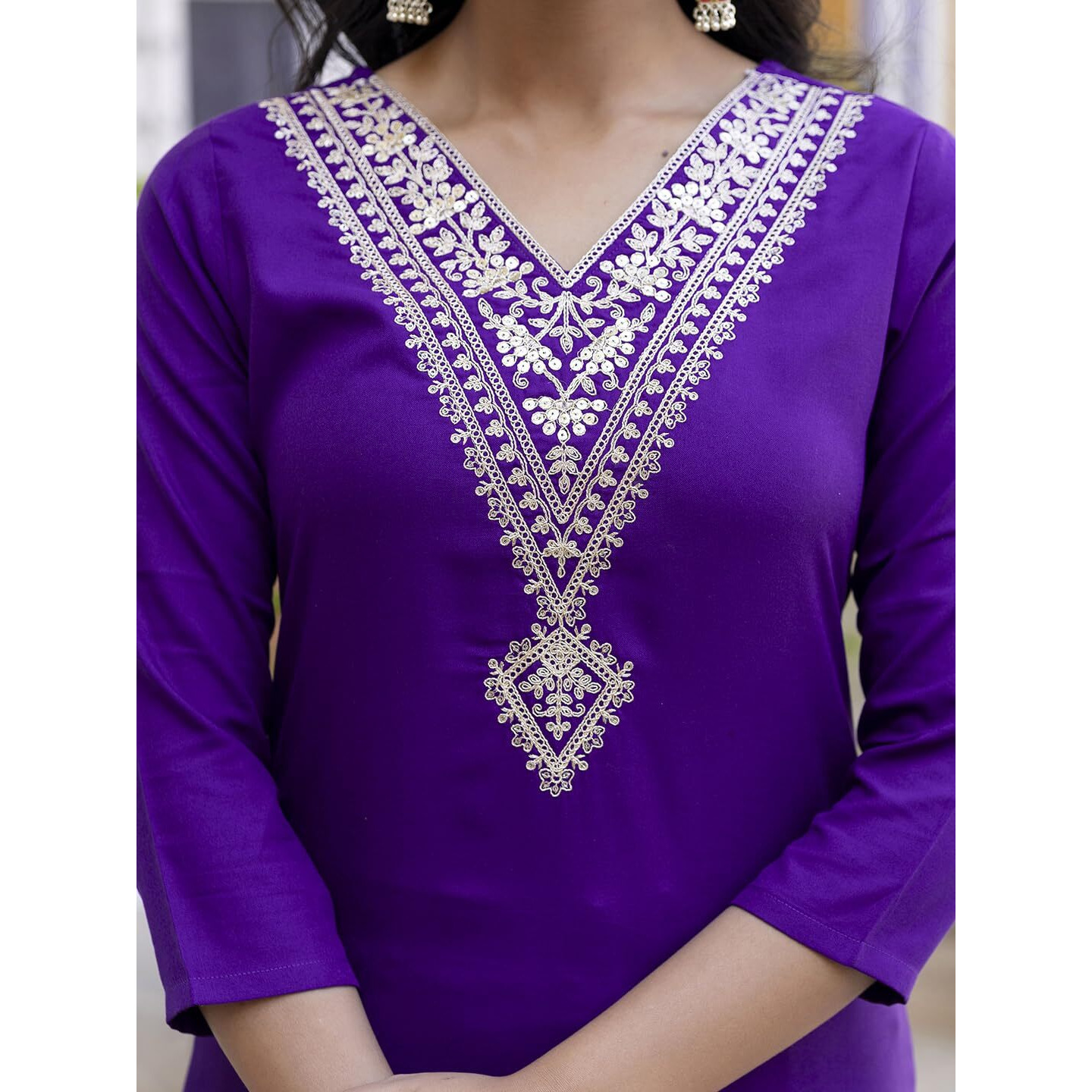 Navlik Women's Violate Rayon Slub Embroidered Straight Kurta with Rayon Slub Pant and Organza Laced Dupatta Sets (NK-575)