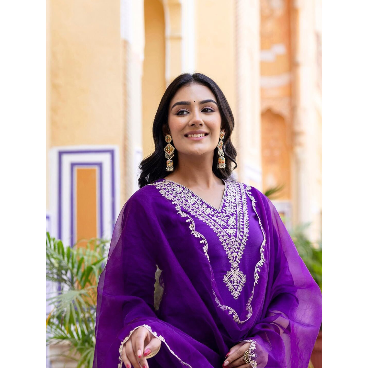 Navlik Women's Violate Rayon Slub Embroidered Straight Kurta with Rayon Slub Pant and Organza Laced Dupatta Sets (NK-575)