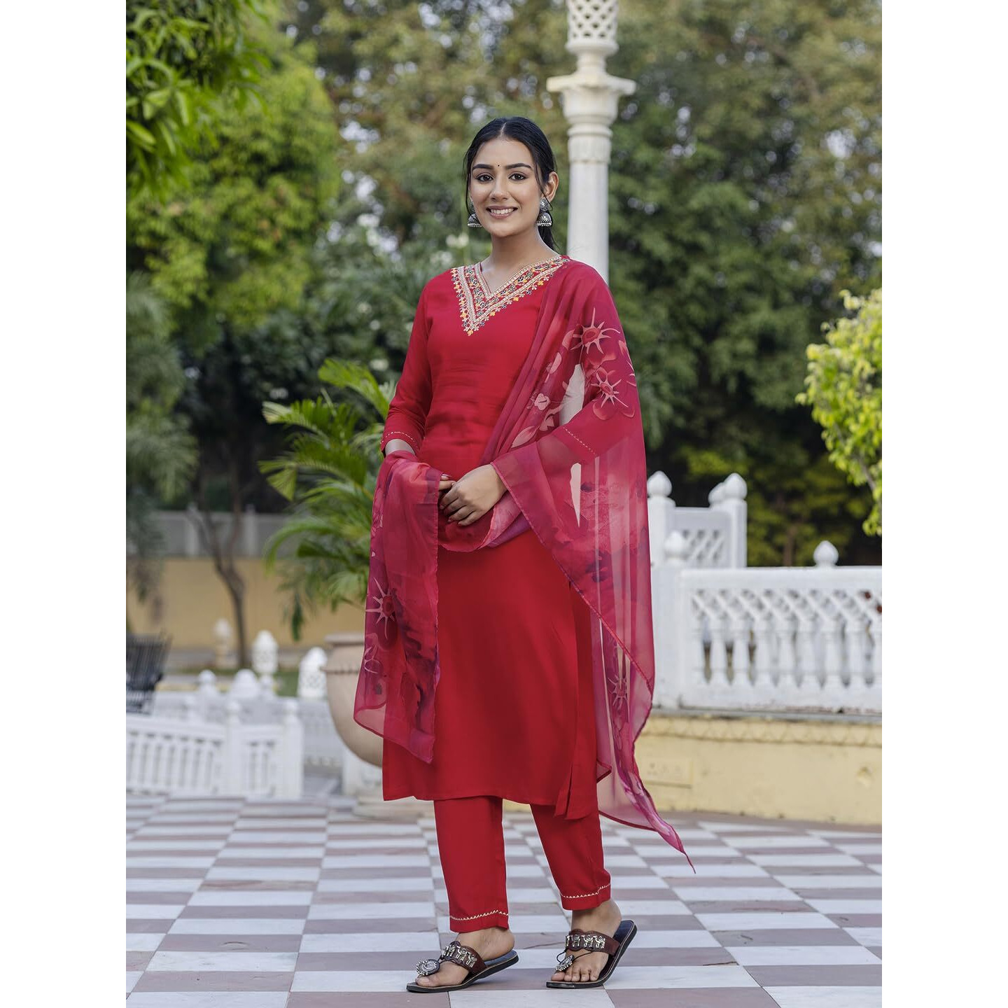 Navlik Women's Red Rayon Embroidered Straight Kurta with Rayon Pant and Silk Printed Dupatta Sets (NK-580)