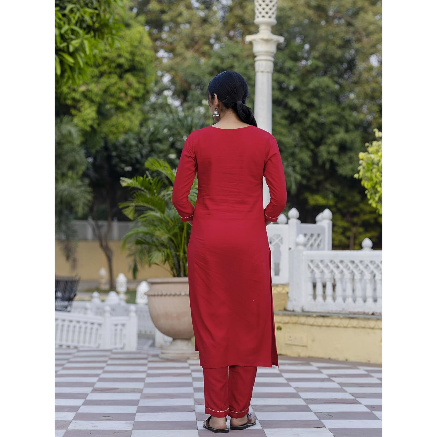 Navlik Women's Red Rayon Embroidered Straight Kurta with Rayon Pant and Silk Printed Dupatta Sets (NK-580)