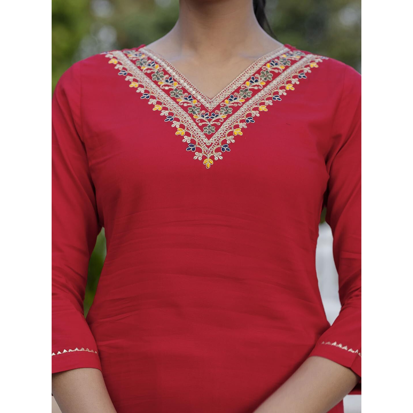 Navlik Women's Red Rayon Embroidered Straight Kurta with Rayon Pant and Silk Printed Dupatta Sets (NK-580)