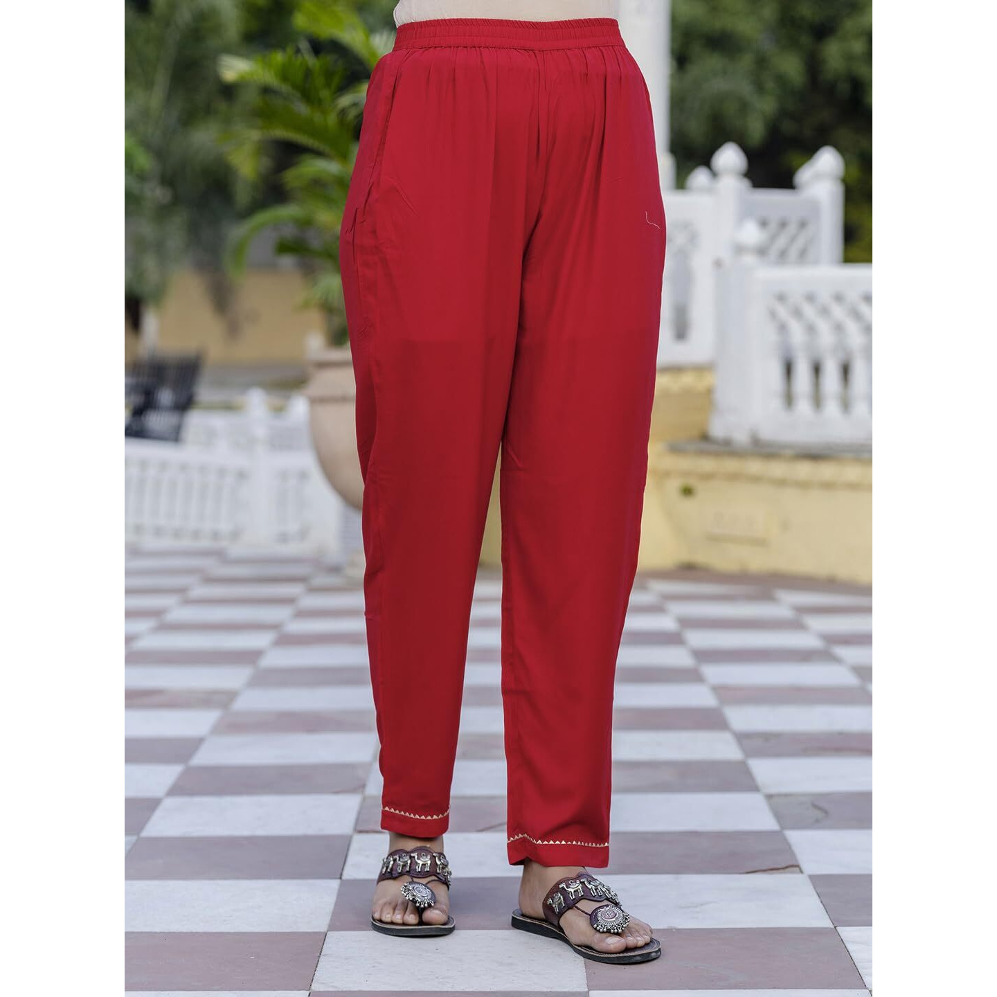 Navlik Women's Red Rayon Embroidered Straight Kurta with Rayon Pant and Silk Printed Dupatta Sets (NK-580)