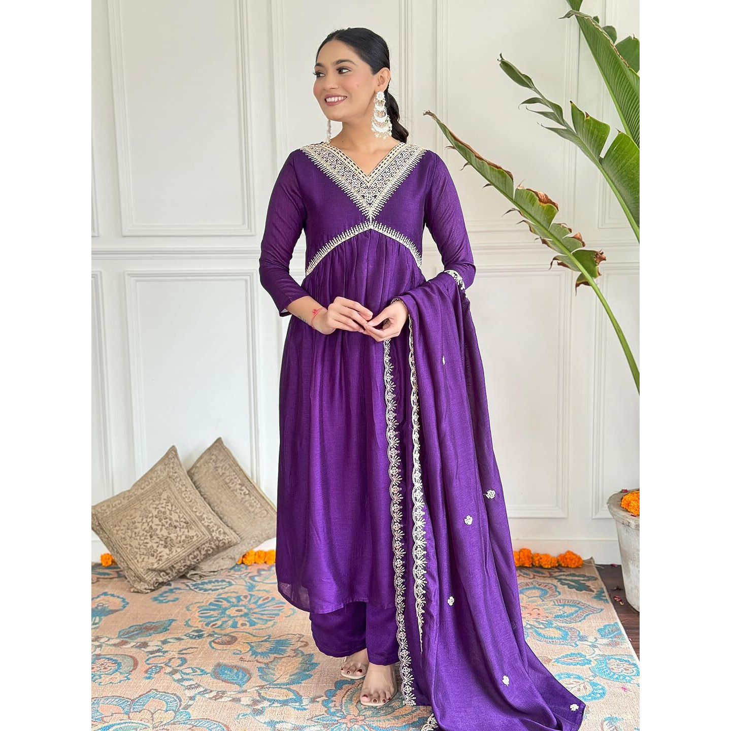 Navlik Women's Vichitra SIlk with Lining Embroidered Flared Kurta with Pant And Dupatta Sets (NK-581)
