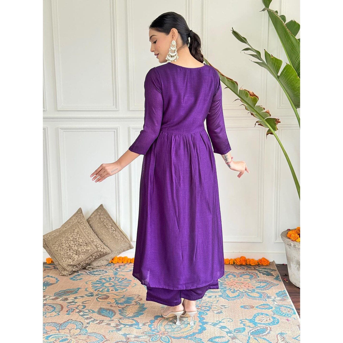 Navlik Women's Vichitra SIlk with Lining Embroidered Flared Kurta with Pant And Dupatta Sets (NK-581)