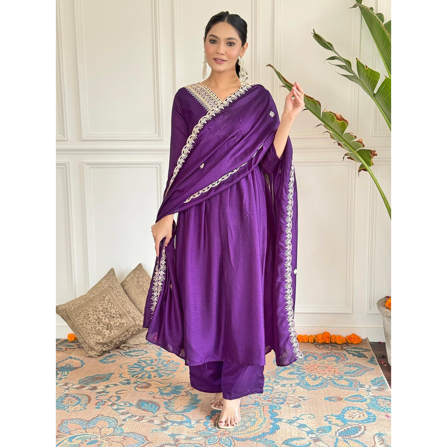 Navlik Women's Vichitra SIlk with Lining Embroidered Flared Kurta with Pant And Dupatta Sets (NK-581)