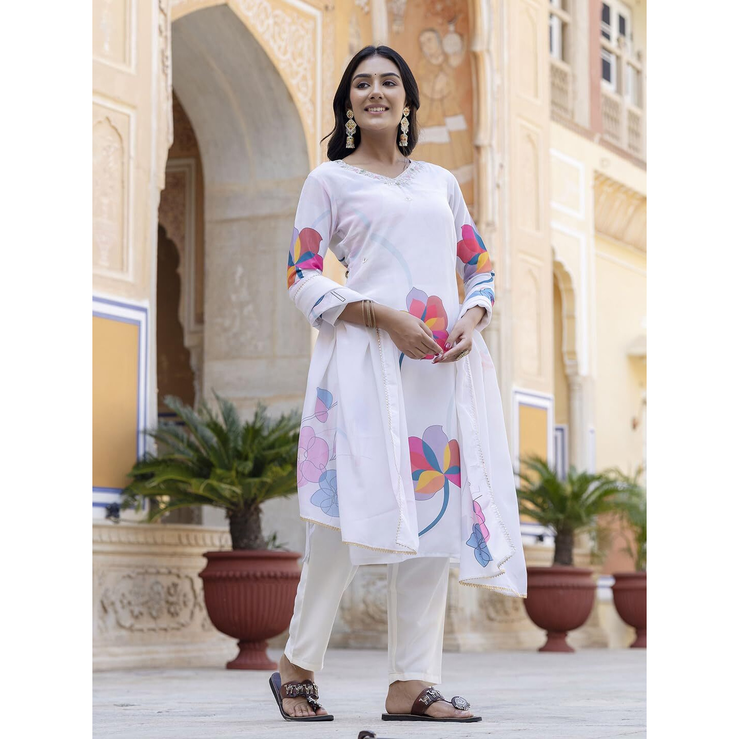 Navlik Women's French Crep with Lining Embroidered and Printed Straight Kurta with Pant And Dupatta Sets (NK-583)