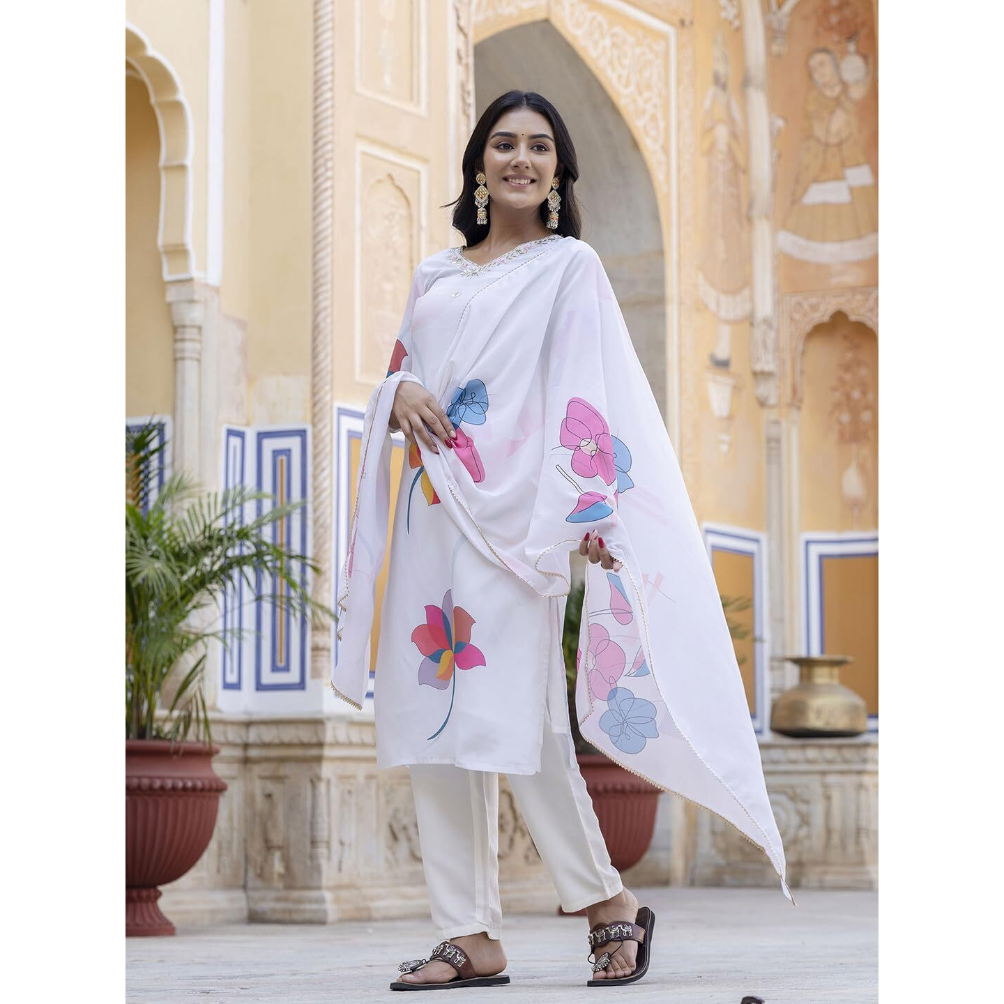 Navlik Women's French Crep with Lining Embroidered and Printed Straight Kurta with Pant And Dupatta Sets (NK-583)