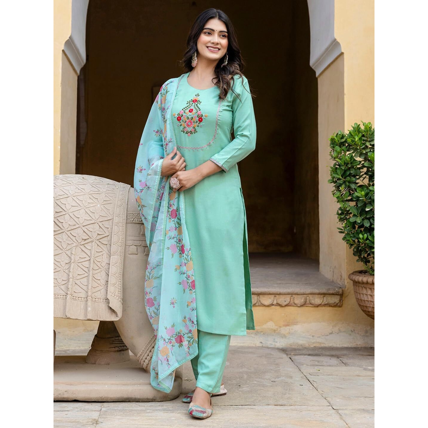 Navlik Women's Rayon Embroidered Straight Kurta with Pant And Dupatta Sets (NK-584)