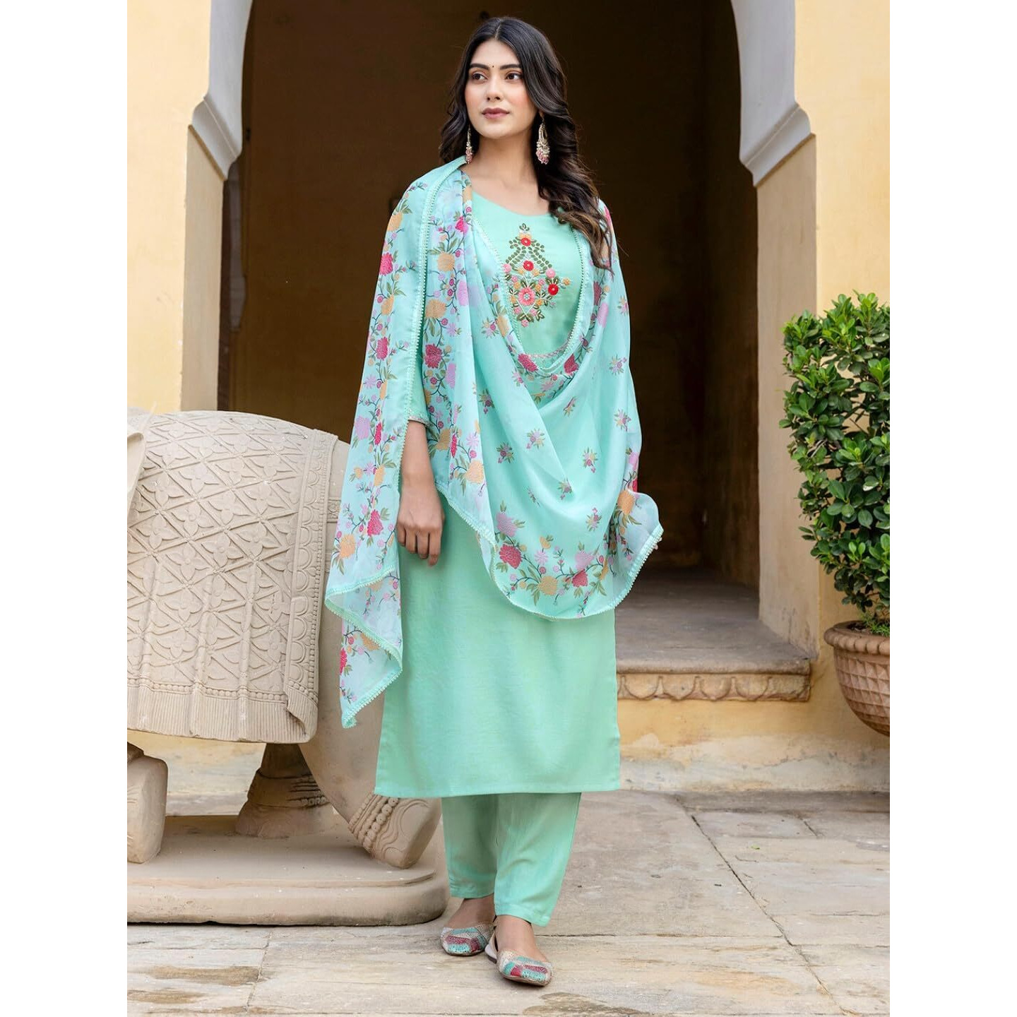 Navlik Women's Rayon Embroidered Straight Kurta with Pant And Dupatta Sets (NK-584)