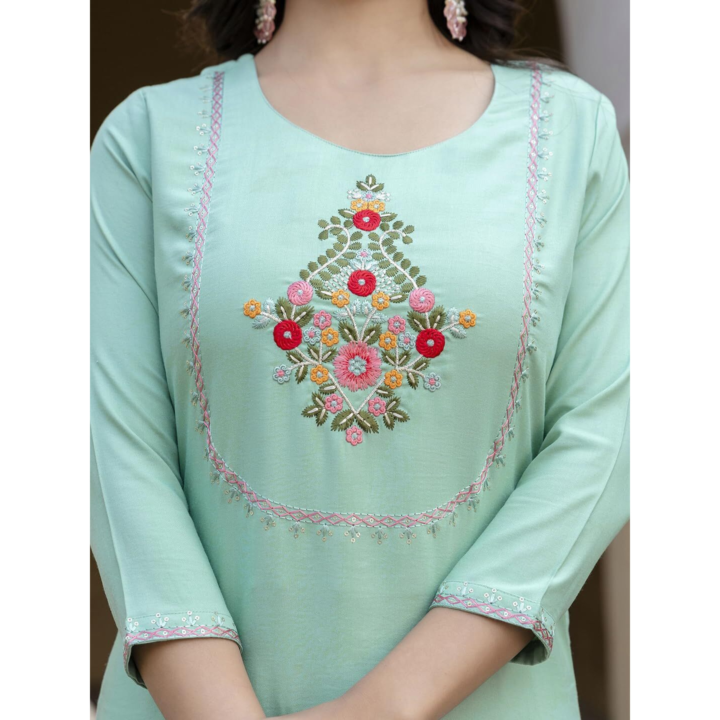 Navlik Women's Rayon Embroidered Straight Kurta with Pant And Dupatta Sets (NK-584)
