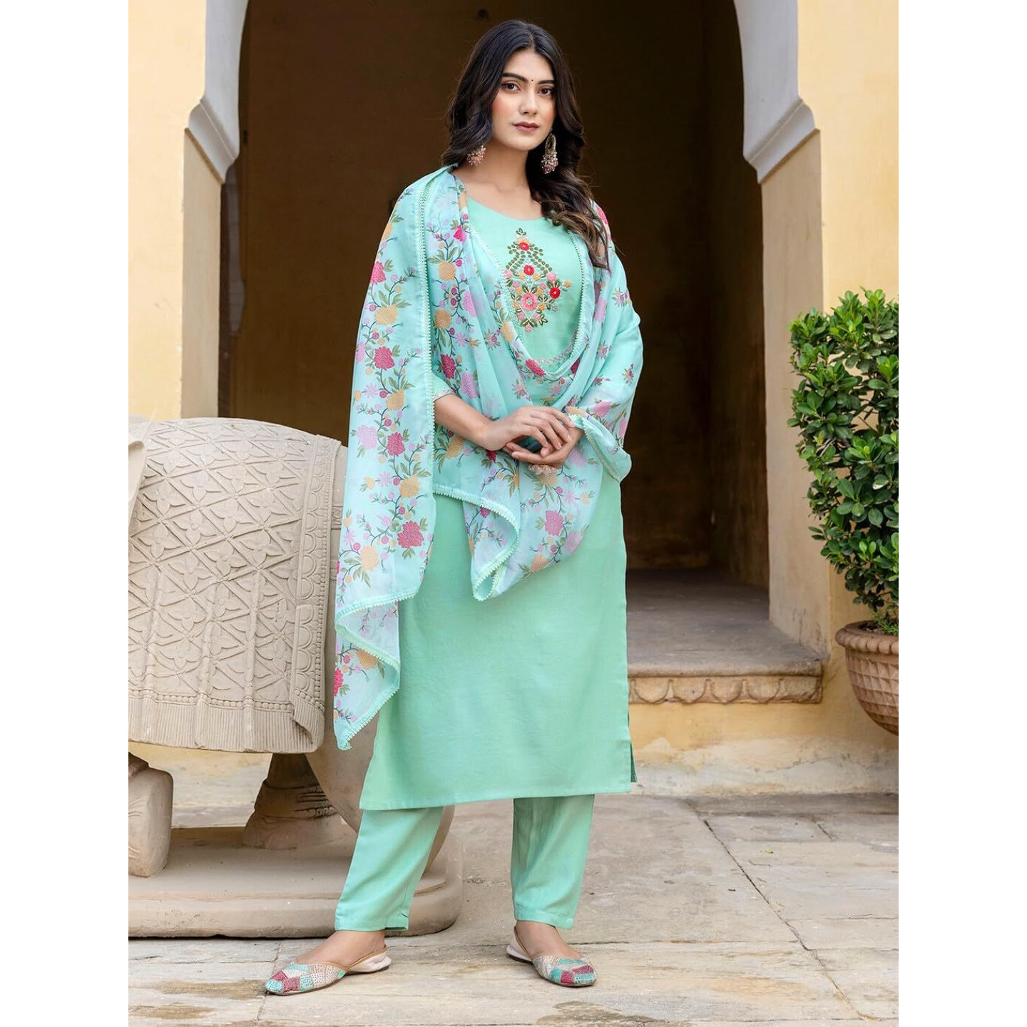 Navlik Women's Rayon Embroidered Straight Kurta with Pant And Dupatta Sets (NK-584)