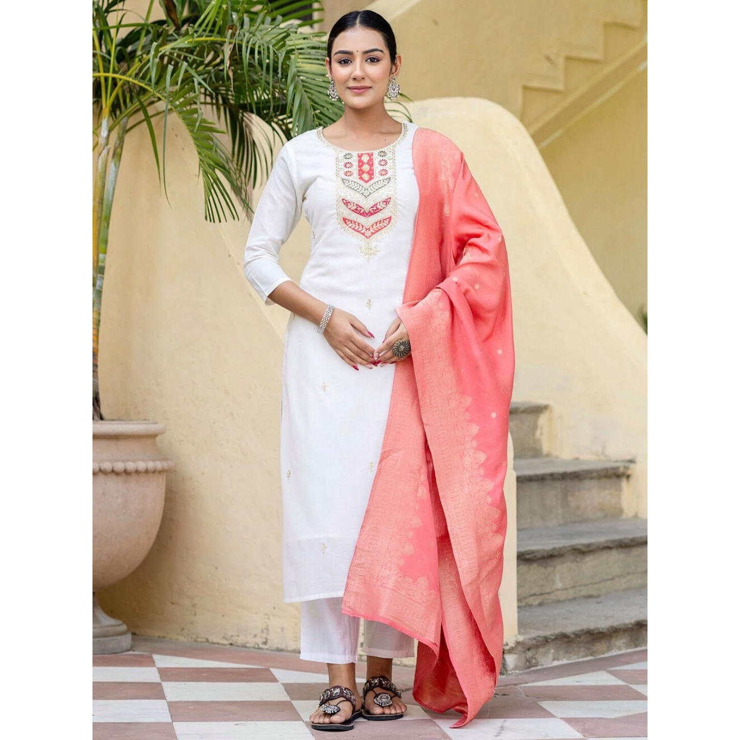 Navlik Women's Viscose Cotton Embroidered Straight Kurta with Pant and Dupatta Sets (NK-585)