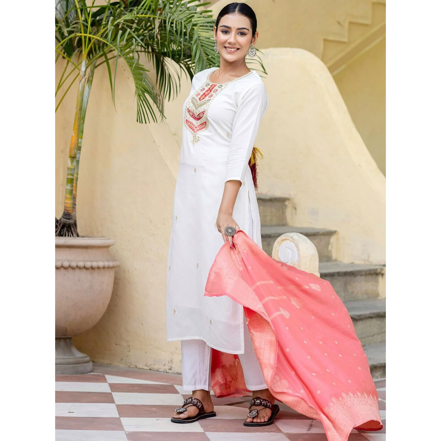 Navlik Women's Viscose Cotton Embroidered Straight Kurta with Pant and Dupatta Sets (NK-585)