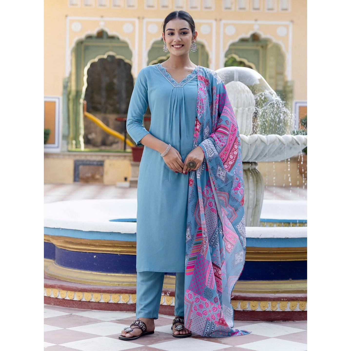 Navlik Women's Viscose Cotton Embroidered Straight Kurta with Pant And Dupatta Sets (NK-588)