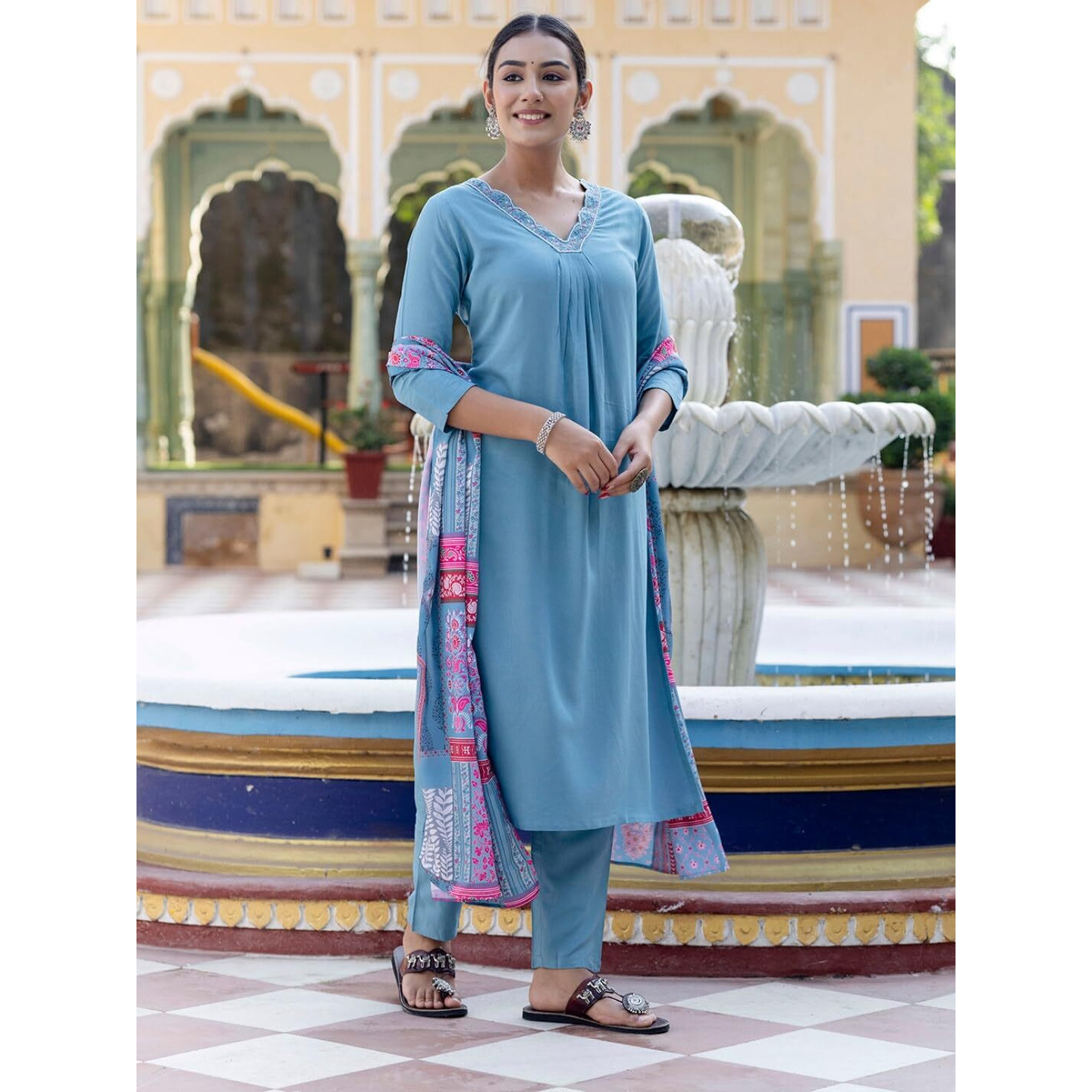 Navlik Women's Viscose Cotton Embroidered Straight Kurta with Pant And Dupatta Sets (NK-588)