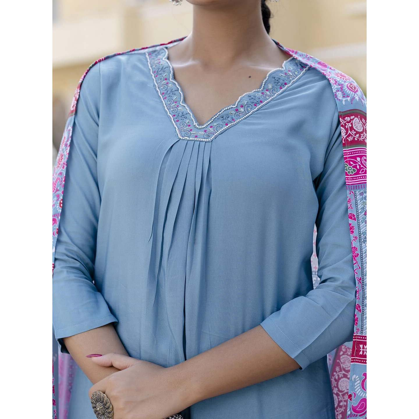 Navlik Women's Viscose Cotton Embroidered Straight Kurta with Pant And Dupatta Sets (NK-588)