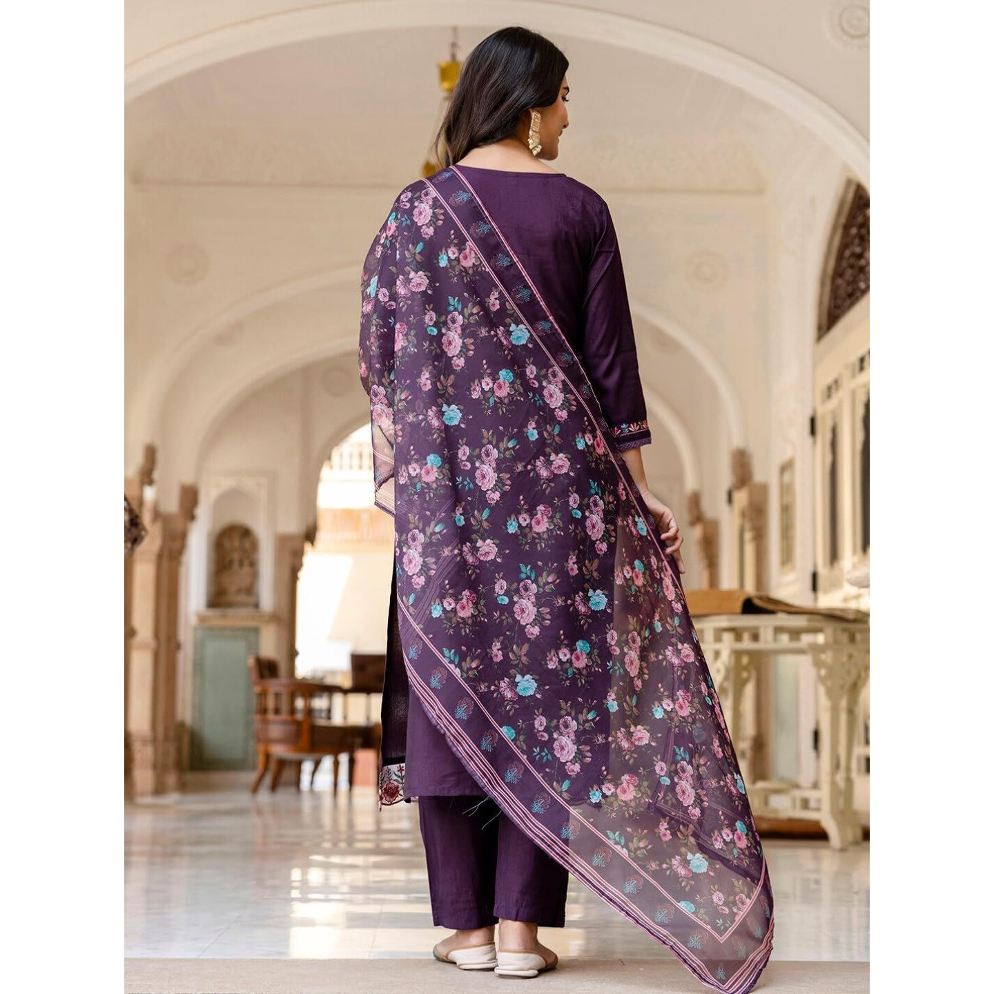 Navlik Women's Chanderi with Cotton Lining Embroidered Straight Kurta with Pant And Dupatta Sets (NK-590)