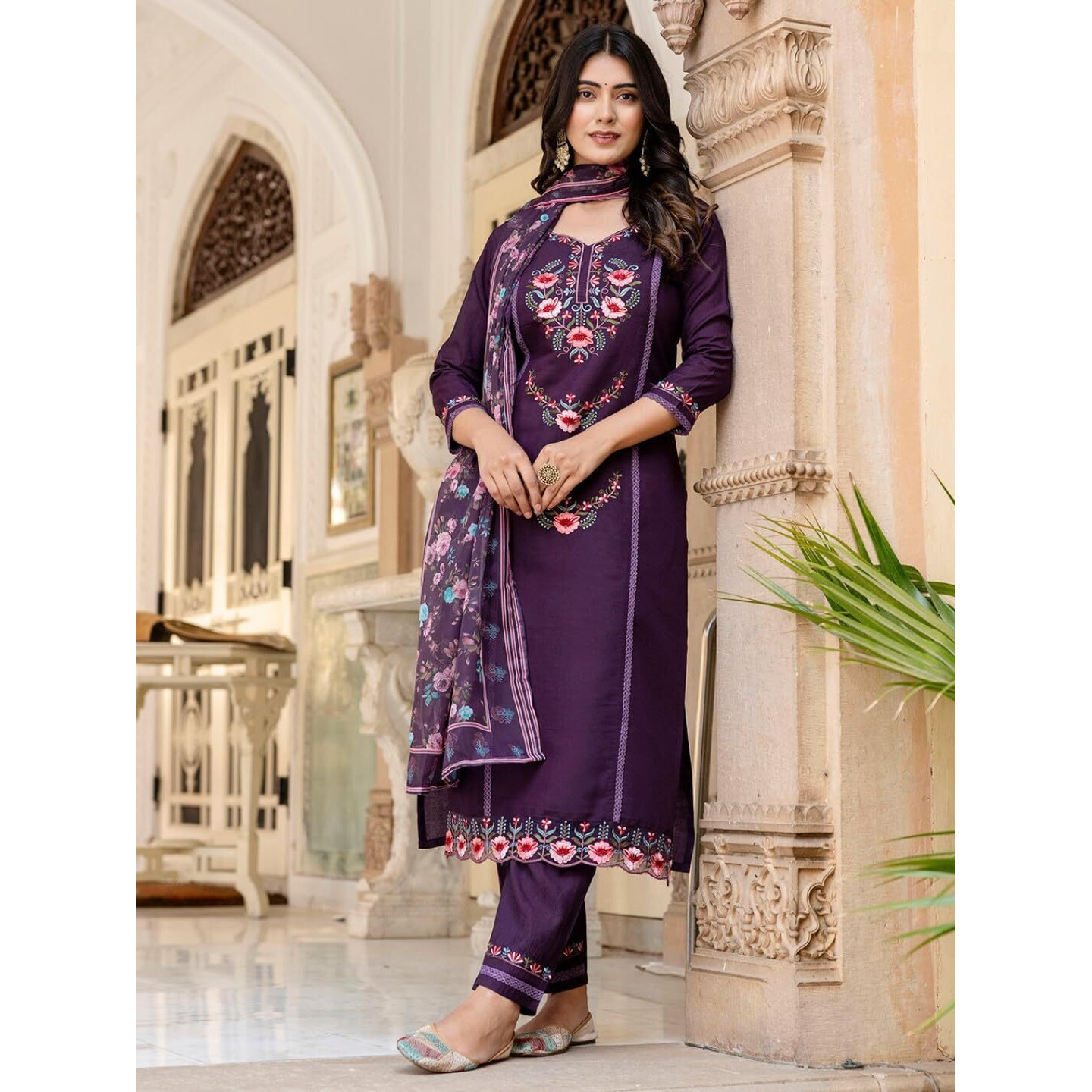 Navlik Women's Chanderi with Cotton Lining Embroidered Straight Kurta with Pant And Dupatta Sets (NK-590)