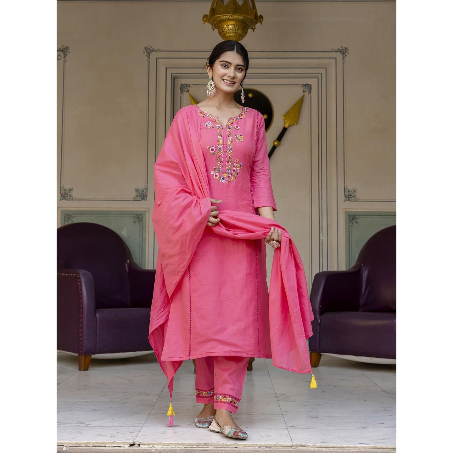 Navlik Women's Viscose Cotton Embroidered Straight Kurta with Pant and Dupatta Sets (NK-591)