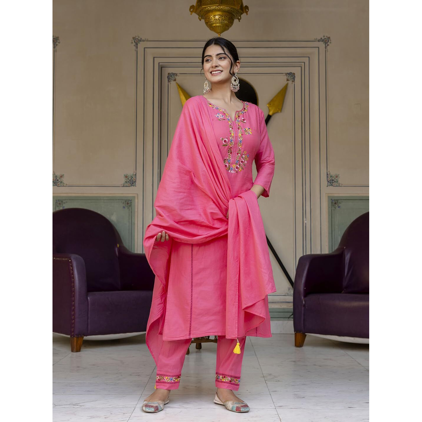 Navlik Women's Viscose Cotton Embroidered Straight Kurta with Pant and Dupatta Sets (NK-591)