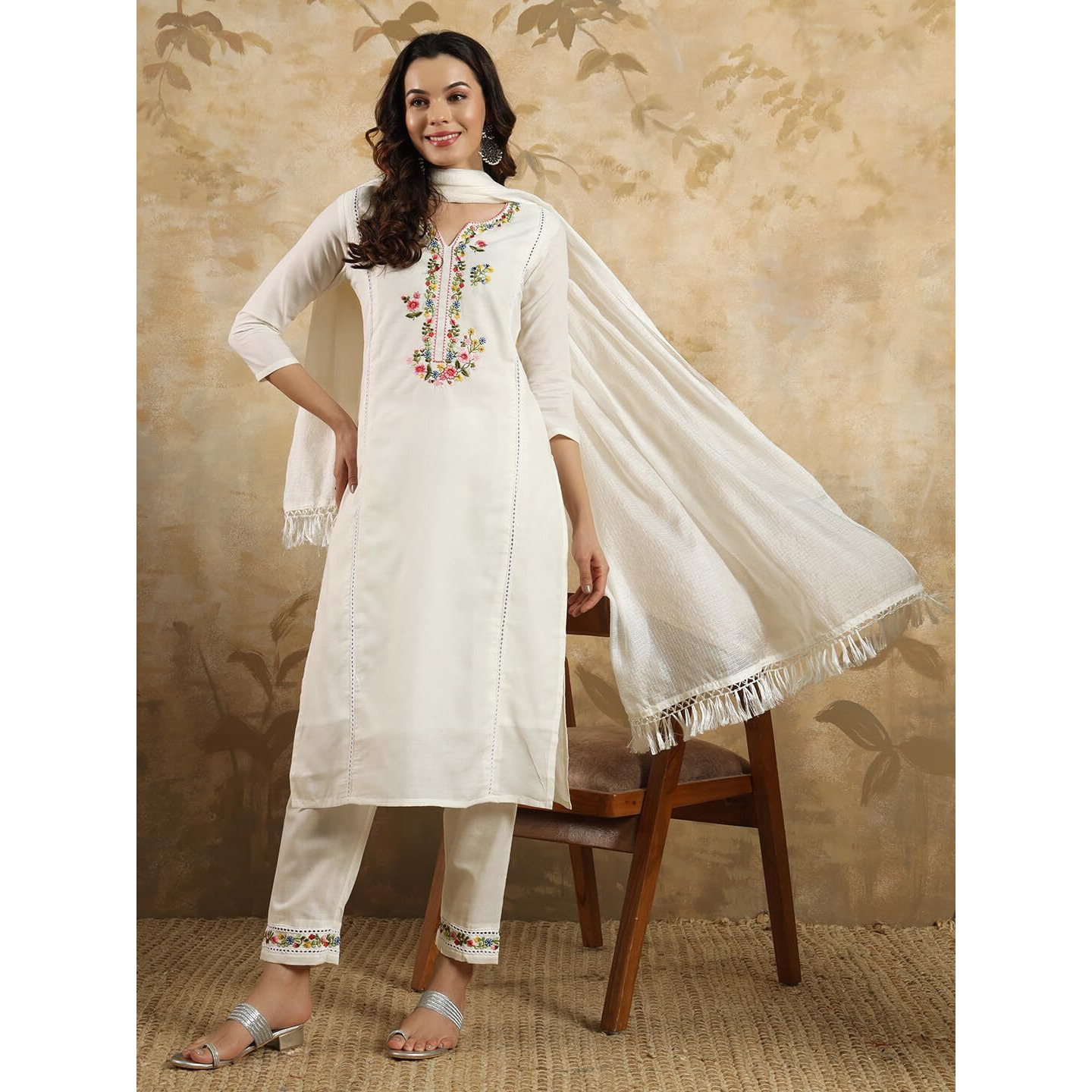 NavlikWomen's Viscose Cotton Embroidered Straight Kurta with Pant And Dupatta Sets (NK-592)