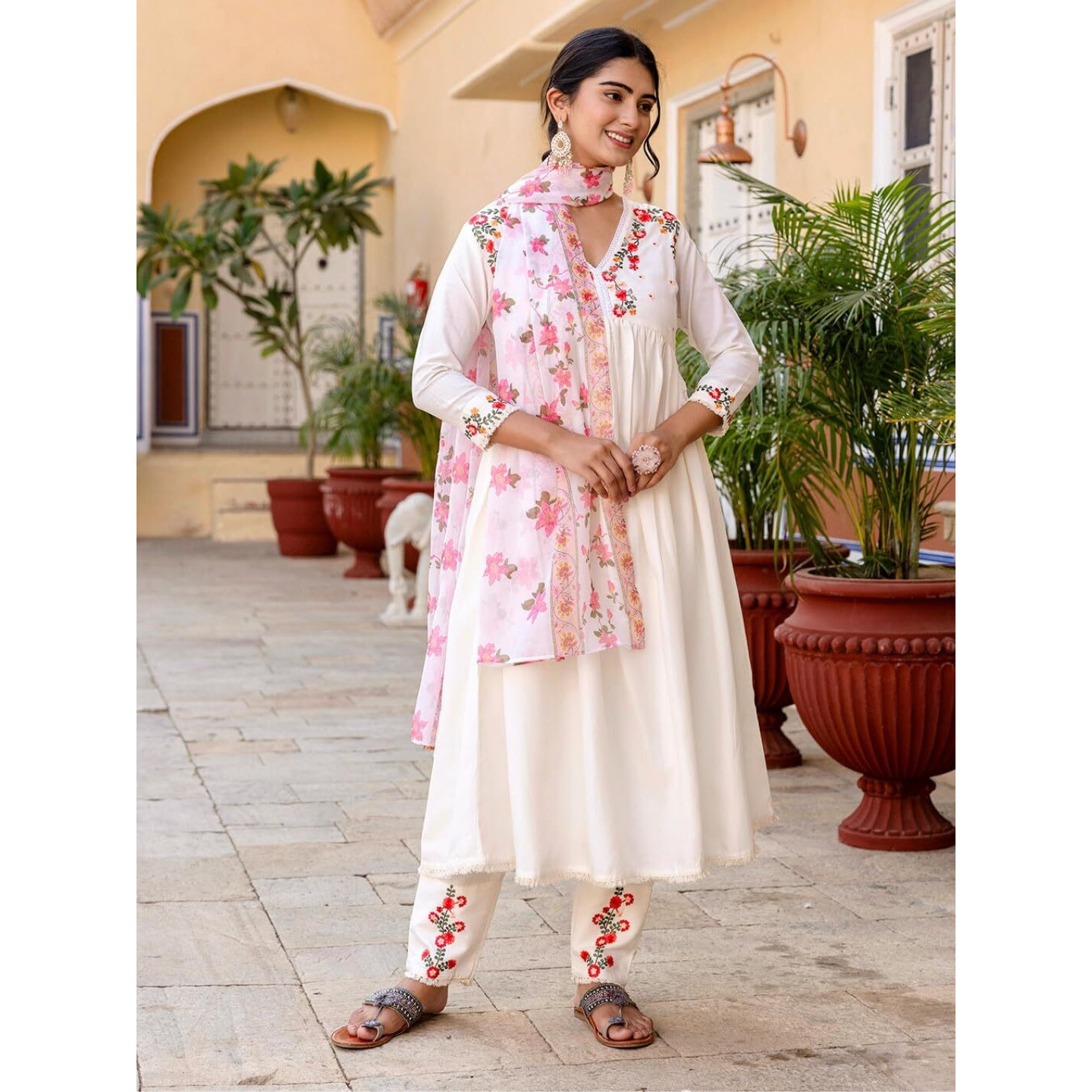 Navlik Women's Viscose Rayon Embroidered Flared Kurta with Pant and Dupatta Sets (NK-593)