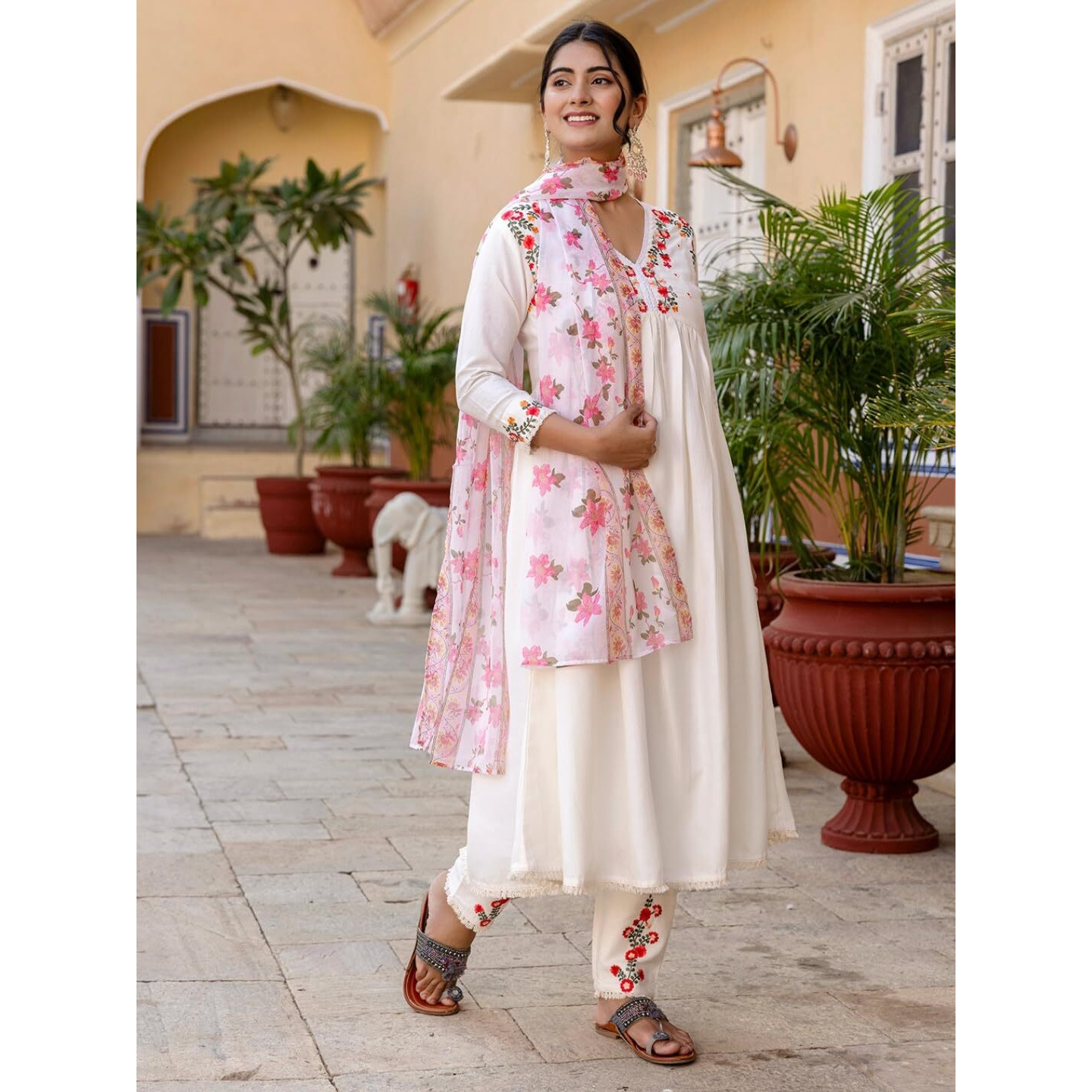 Navlik Women's Viscose Rayon Embroidered Flared Kurta with Pant and Dupatta Sets (NK-593)