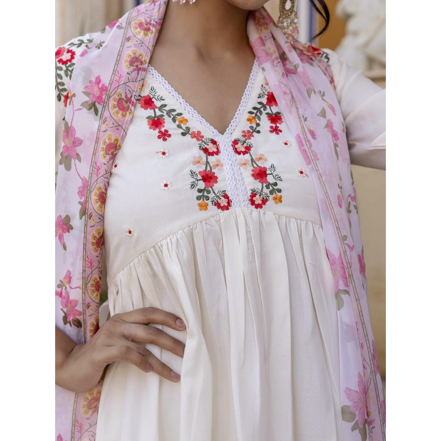 Navlik Women's Viscose Rayon Embroidered Flared Kurta with Pant and Dupatta Sets (NK-593)