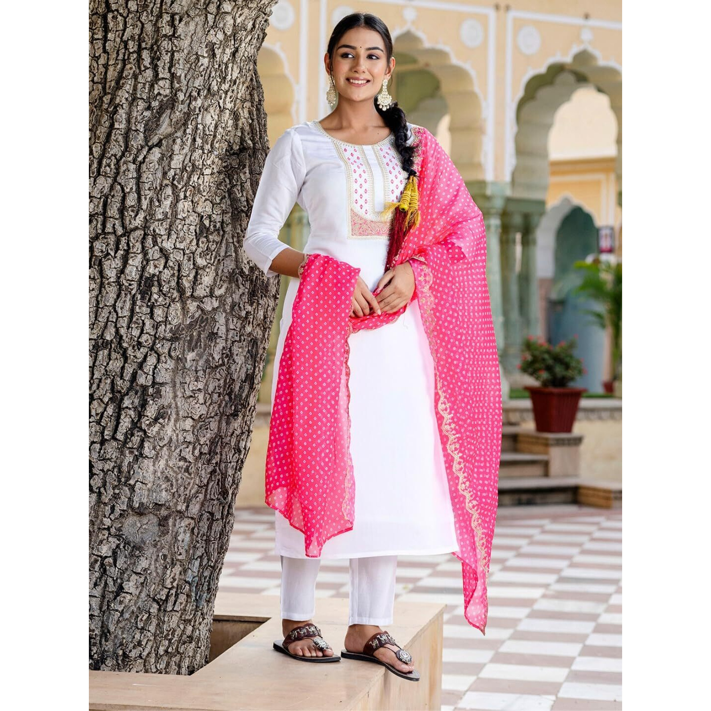 Navlik Women's White Viscose Rayon Embroidered Straight Kurta with Viscose Rayon Pant and Silk Printed Dupatta Sets (NK-594)