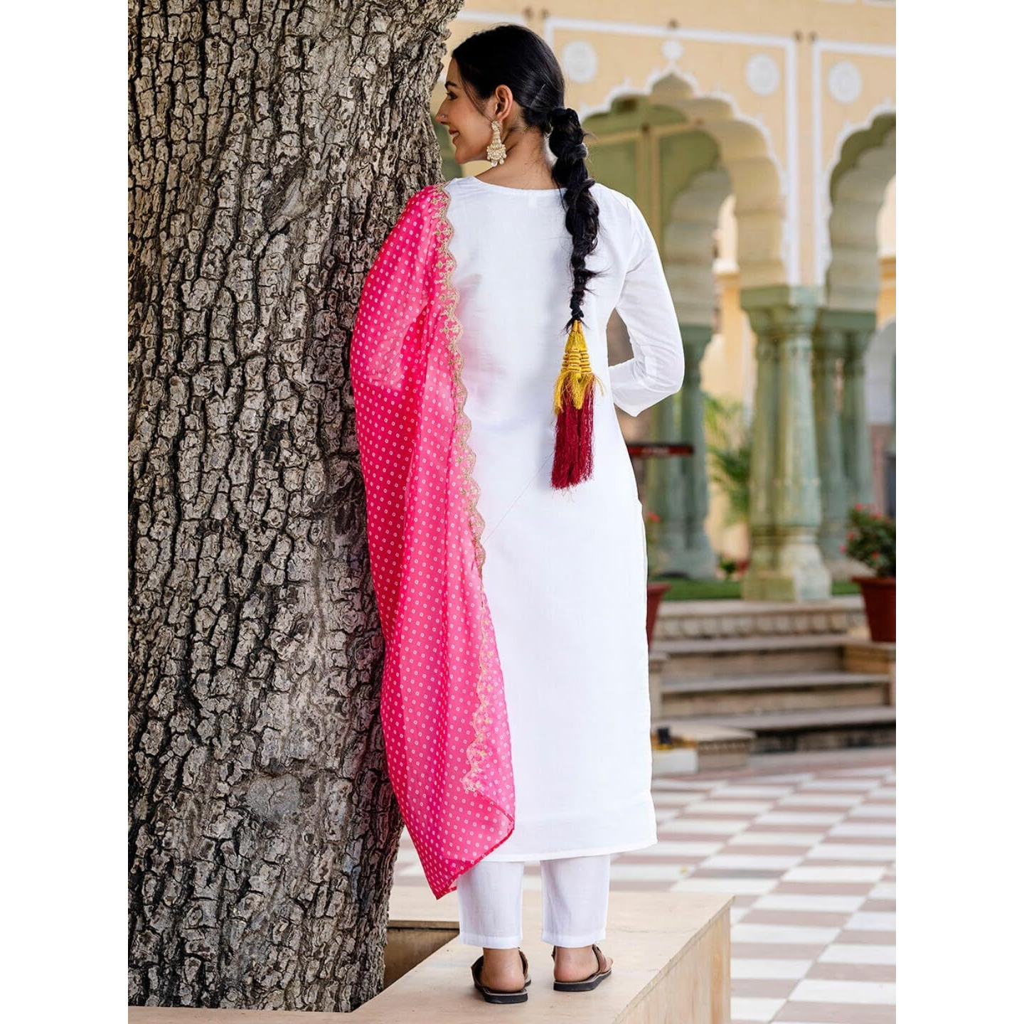 Navlik Women's White Viscose Rayon Embroidered Straight Kurta with Viscose Rayon Pant and Silk Printed Dupatta Sets (NK-594)