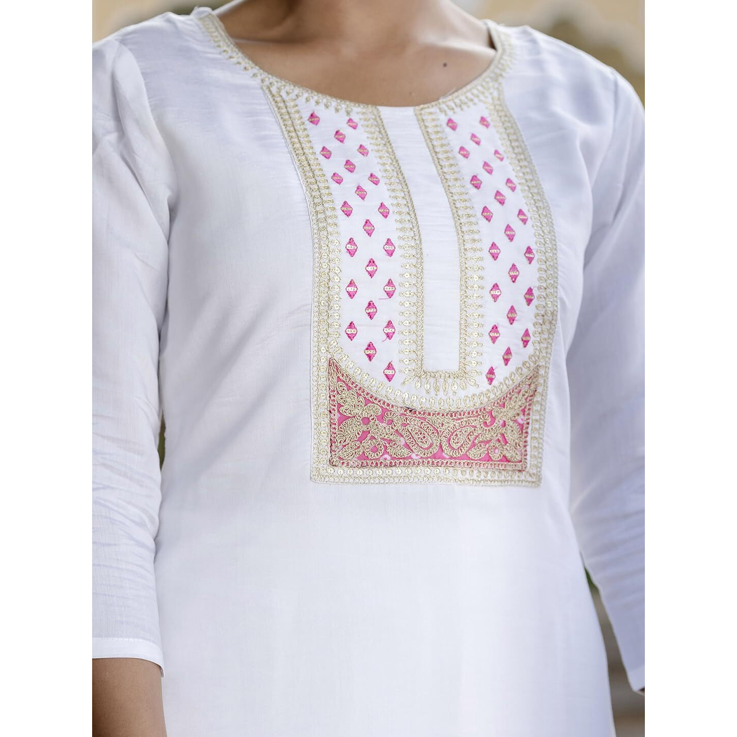 Navlik Women's White Viscose Rayon Embroidered Straight Kurta with Viscose Rayon Pant and Silk Printed Dupatta Sets (NK-594)
