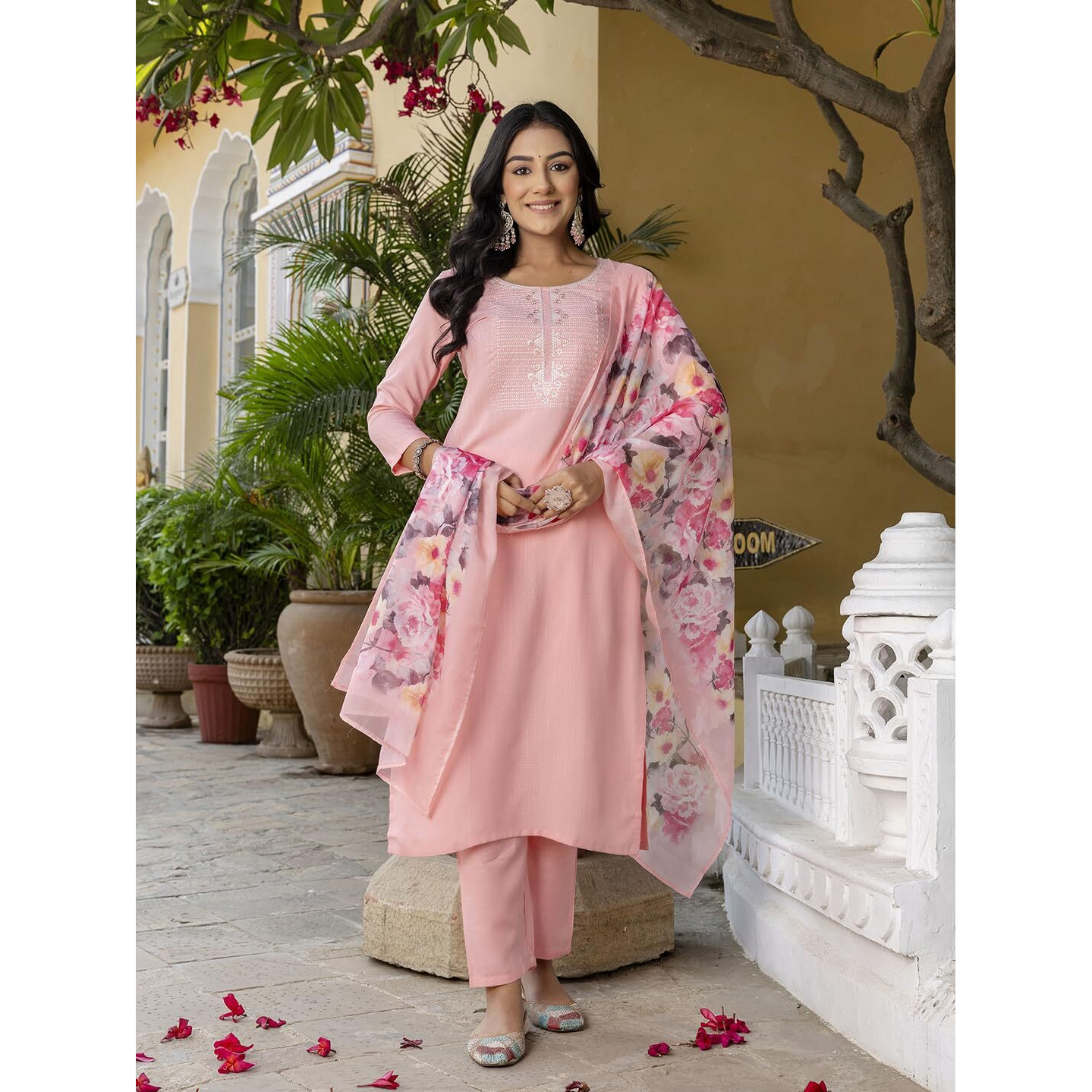 Navlik Women's Pink Rayon Slub Embroidered Straight Kurta with Rayon Slub Pant and Silk Printed Dupatta Sets (NK-595)