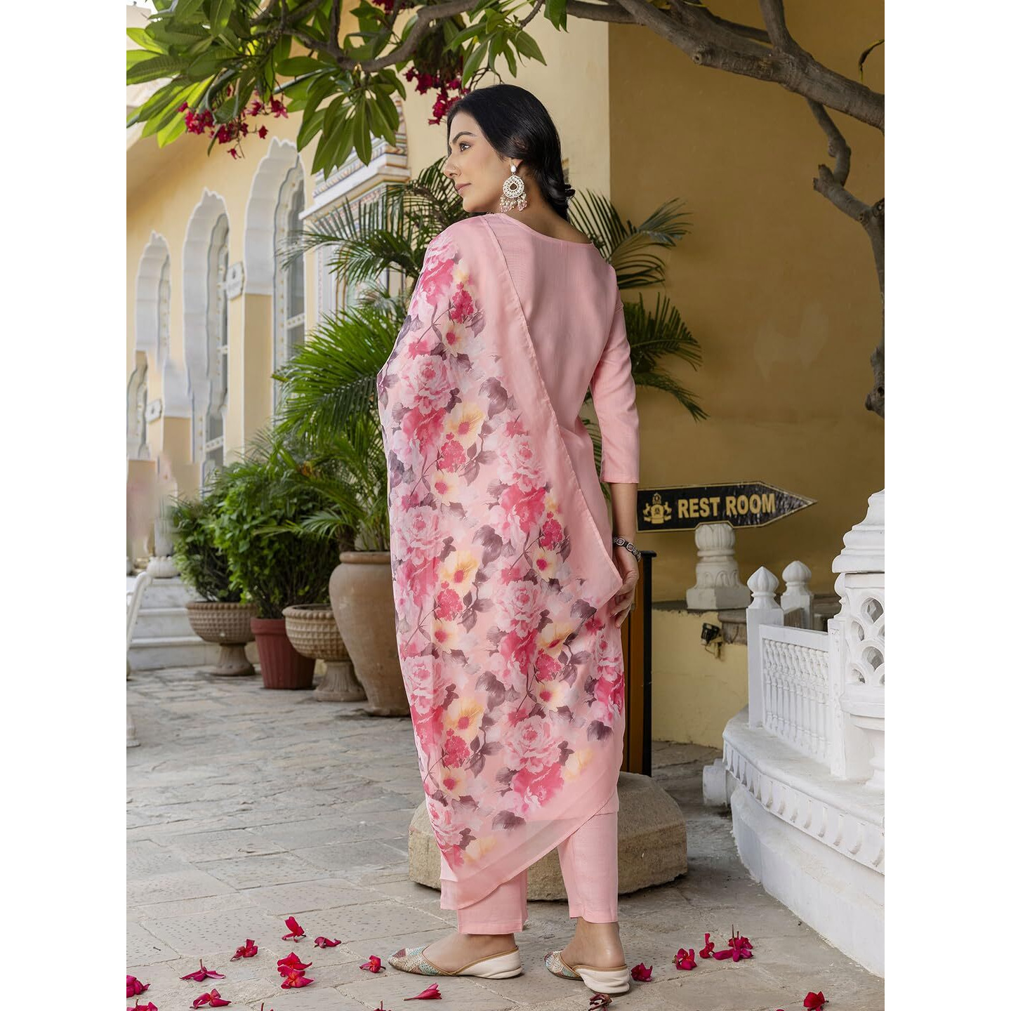 Navlik Women's Pink Rayon Slub Embroidered Straight Kurta with Rayon Slub Pant and Silk Printed Dupatta Sets (NK-595)