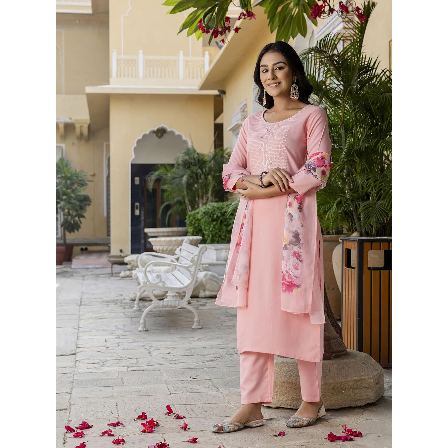 Navlik Women's Pink Rayon Slub Embroidered Straight Kurta with Rayon Slub Pant and Silk Printed Dupatta Sets (NK-595)