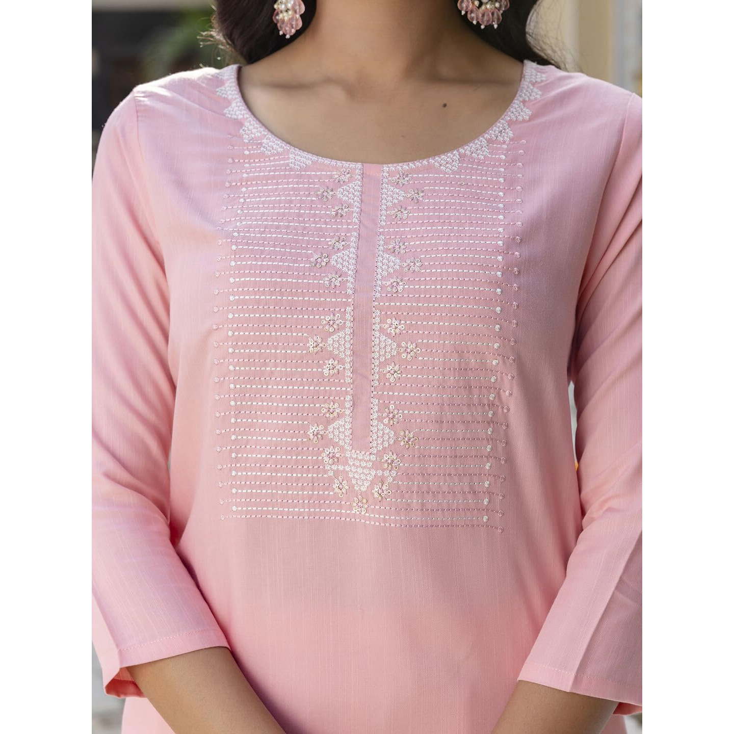 Navlik Women's Pink Rayon Slub Embroidered Straight Kurta with Rayon Slub Pant and Silk Printed Dupatta Sets (NK-595)