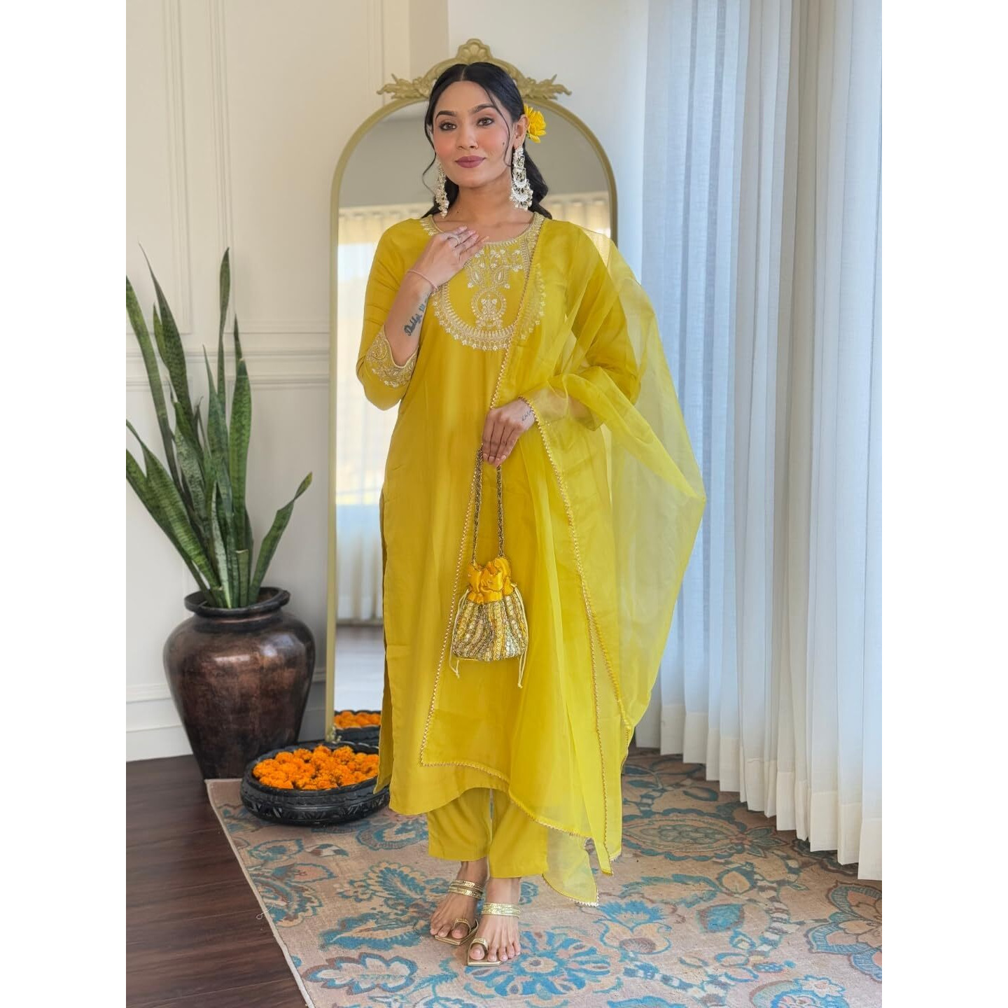 Navlik Women's Lemon Yellow Rayon Slub Embroidered Straight Kurta with Rayon Slub Pant and Organza Laced Dupatta Sets (NK-596)