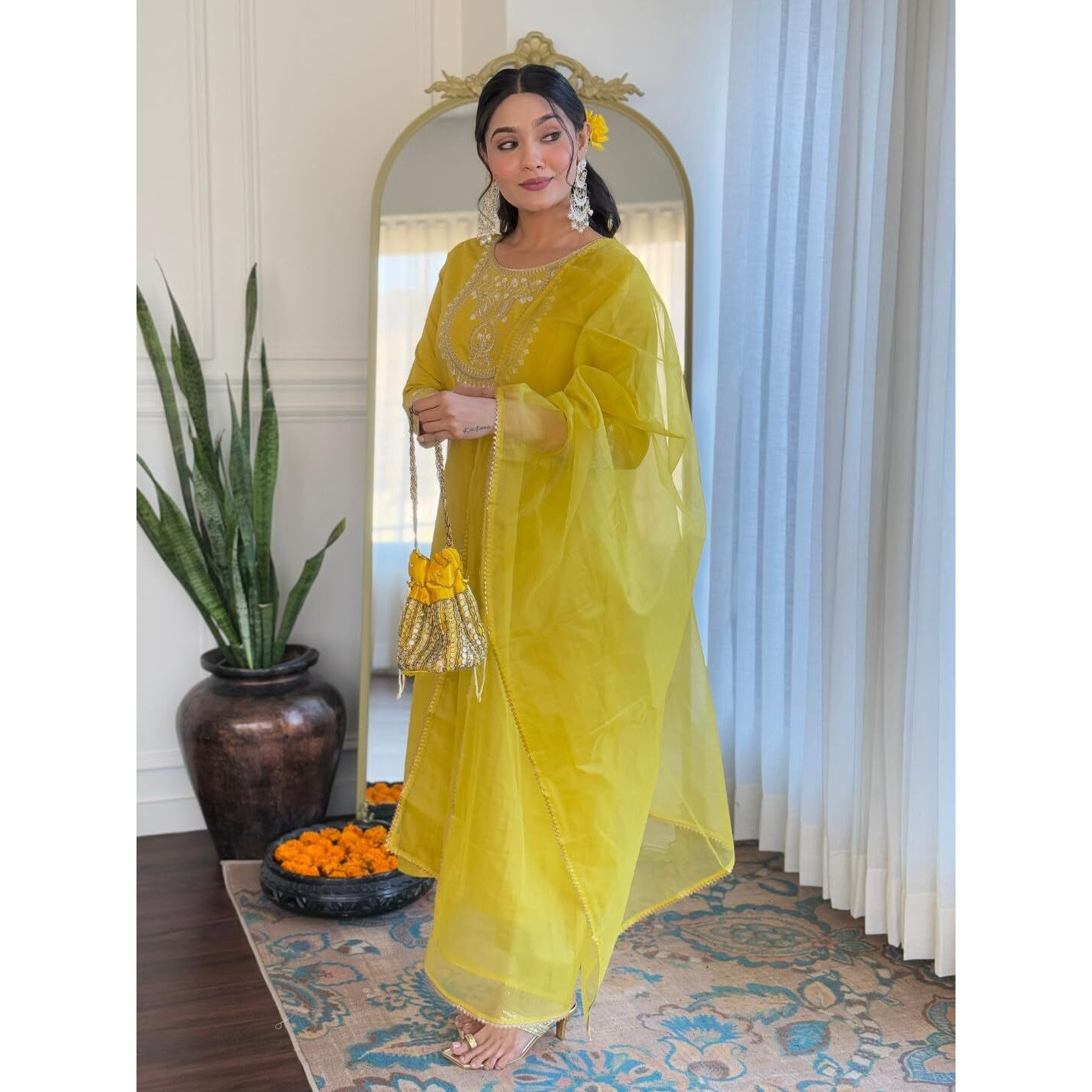 Navlik Women's Lemon Yellow Rayon Slub Embroidered Straight Kurta with Rayon Slub Pant and Organza Laced Dupatta Sets (NK-596)