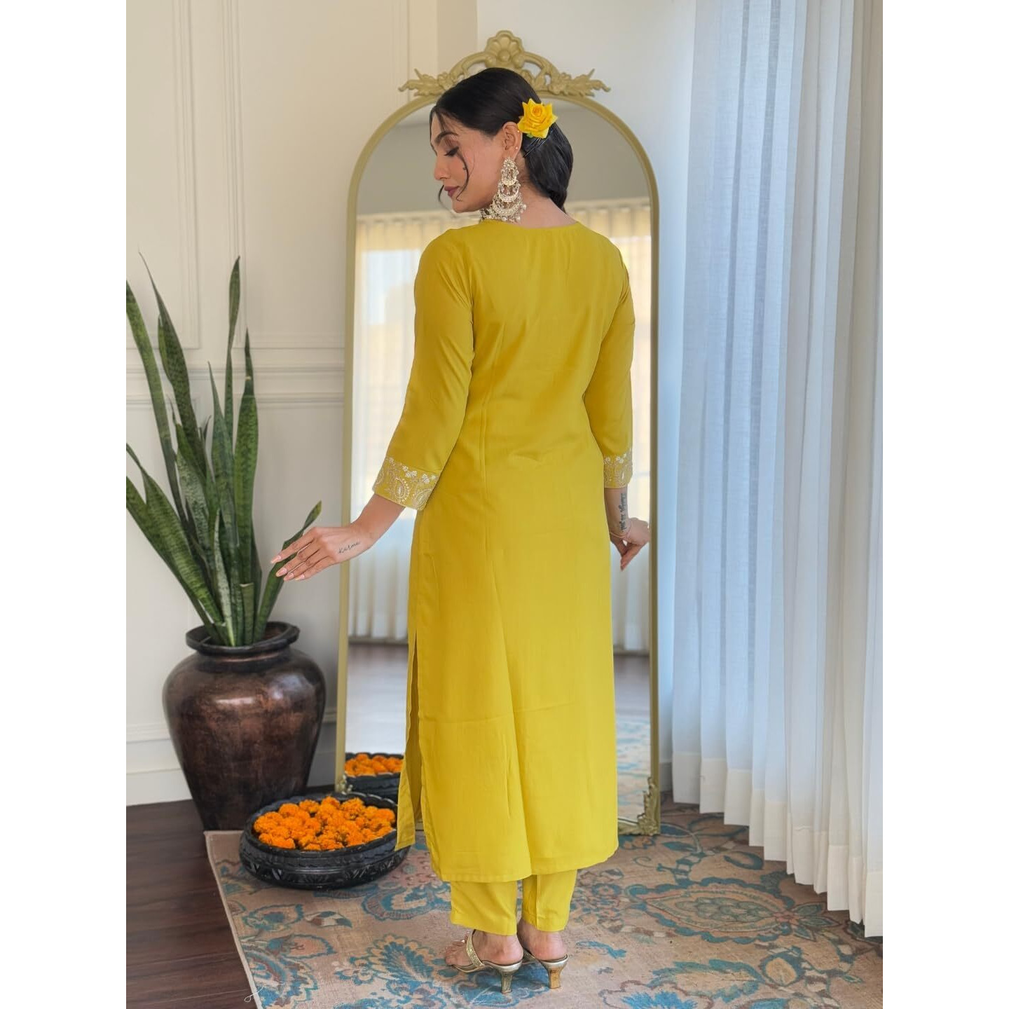 Navlik Women's Lemon Yellow Rayon Slub Embroidered Straight Kurta with Rayon Slub Pant and Organza Laced Dupatta Sets (NK-596)