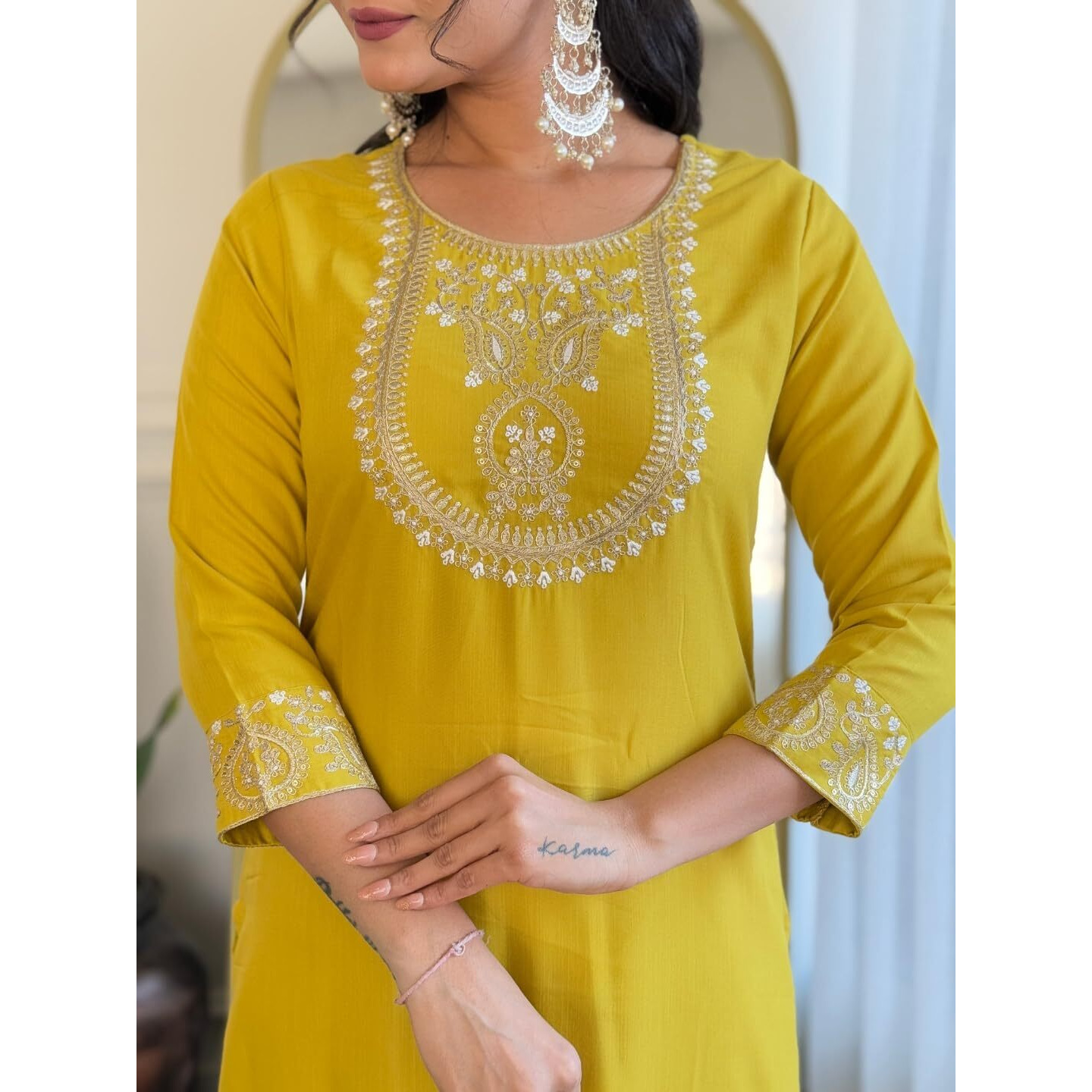 Navlik Women's Lemon Yellow Rayon Slub Embroidered Straight Kurta with Rayon Slub Pant and Organza Laced Dupatta Sets (NK-596)