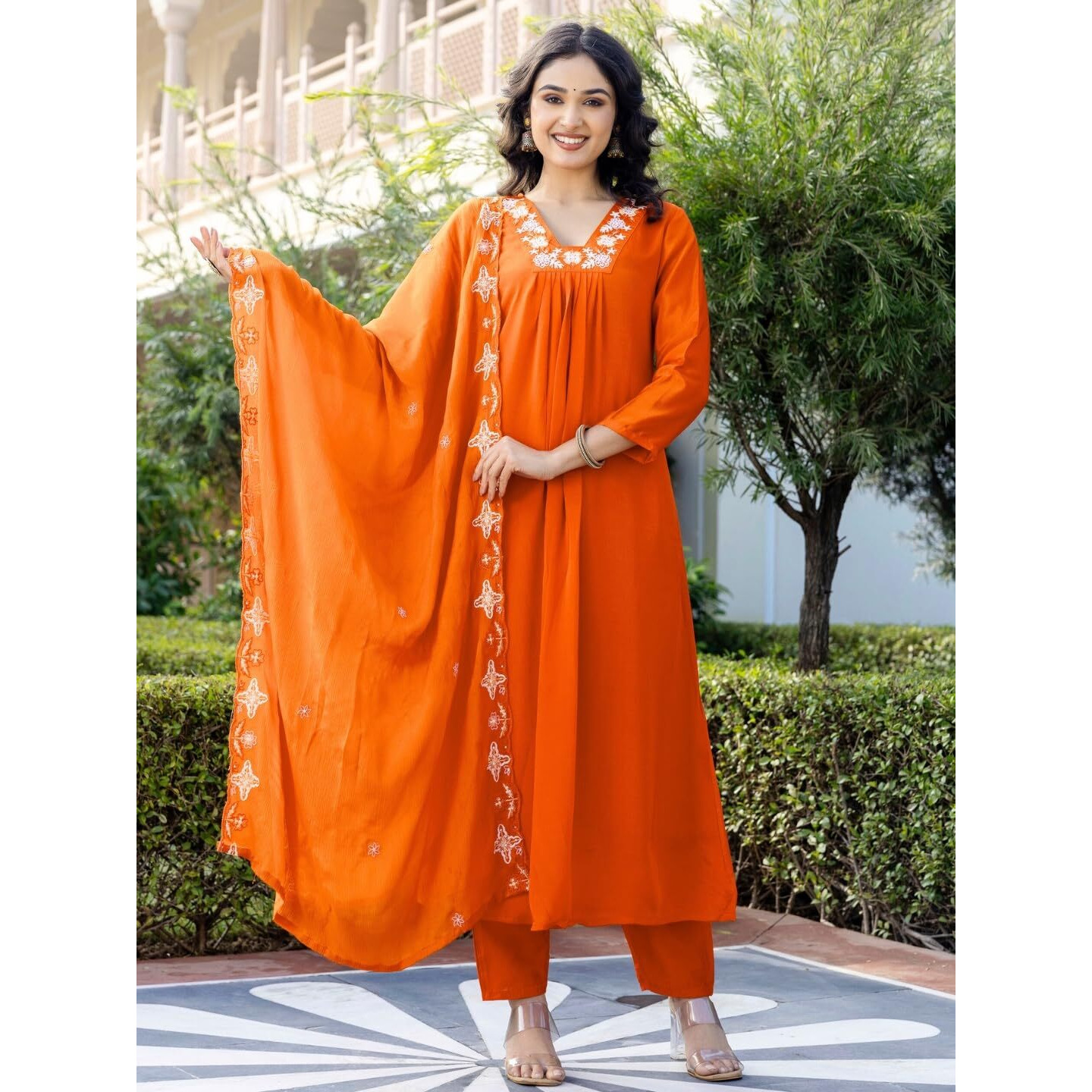 Navlik Women's Orange Silk Chiffon Embroidered Flared Kurta with Rayon Pant and Poly Chiffon Embroidered Dupatta Sets (NK-604)
