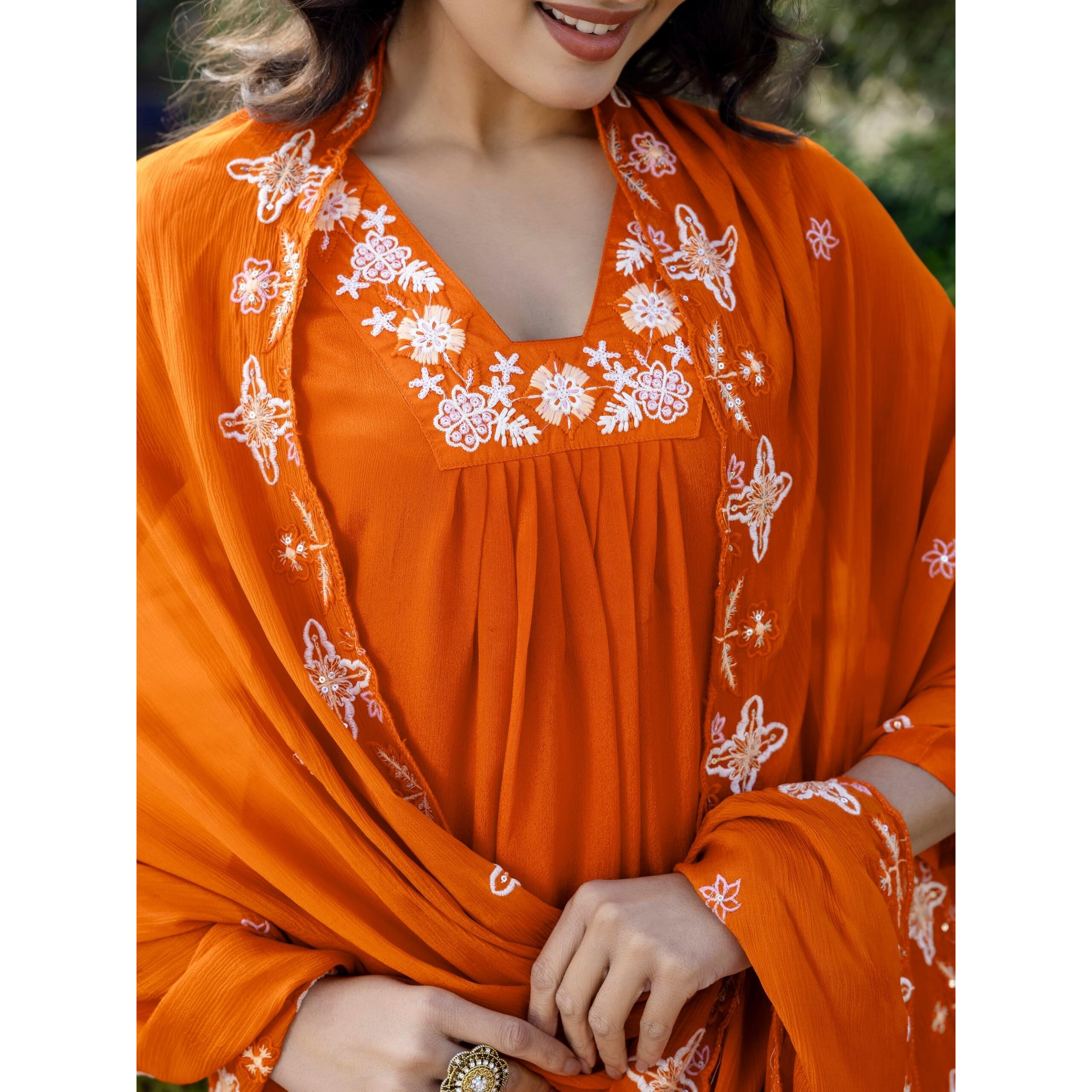Navlik Women's Orange Silk Chiffon Embroidered Flared Kurta with Rayon Pant and Poly Chiffon Embroidered Dupatta Sets (NK-604)